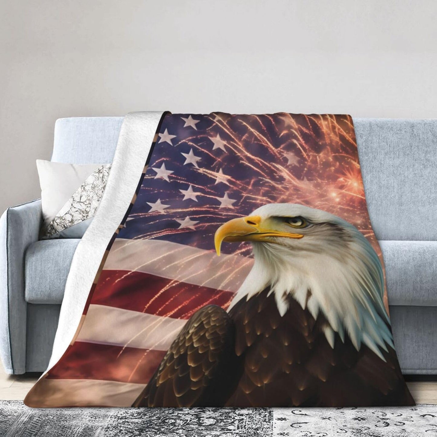 American Flag Ultra-Soft Flannel Throw Blankets, Firework Eagle Blanket for Bed Couch Sofa, All Seasons Home Camper Travel 60"x50"