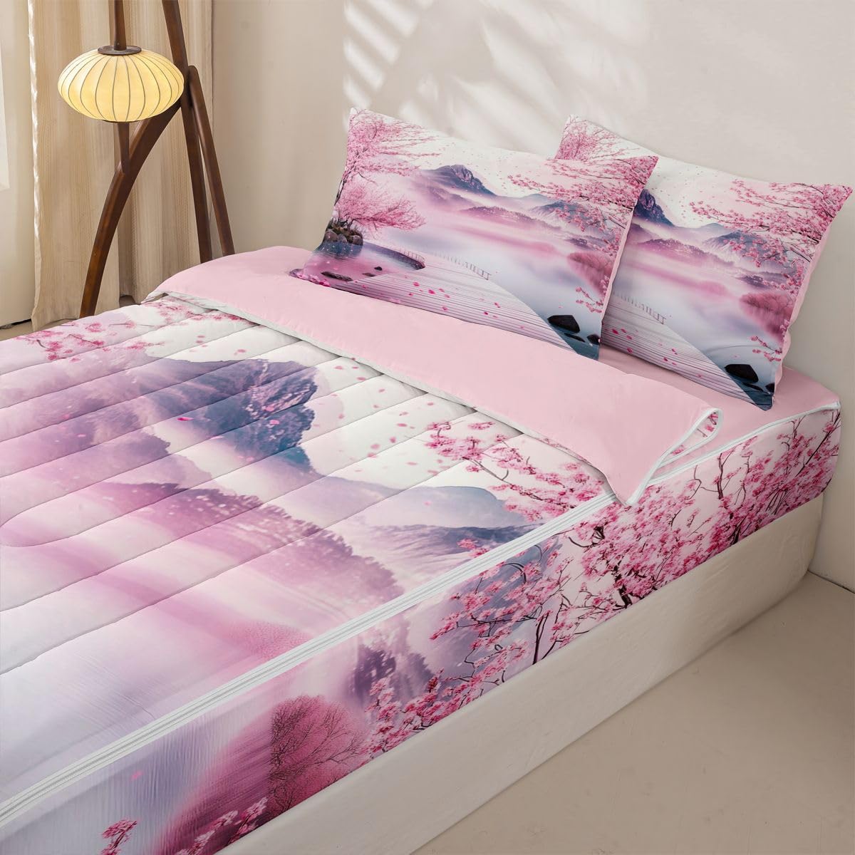 Erosebridal Pink Japanese Kids Comforter Set with Zipper, Japanese Cherry Blossom Twin Size Zipper Bedding Set, Watercolor Ink Painting Bed-in-A-Bag