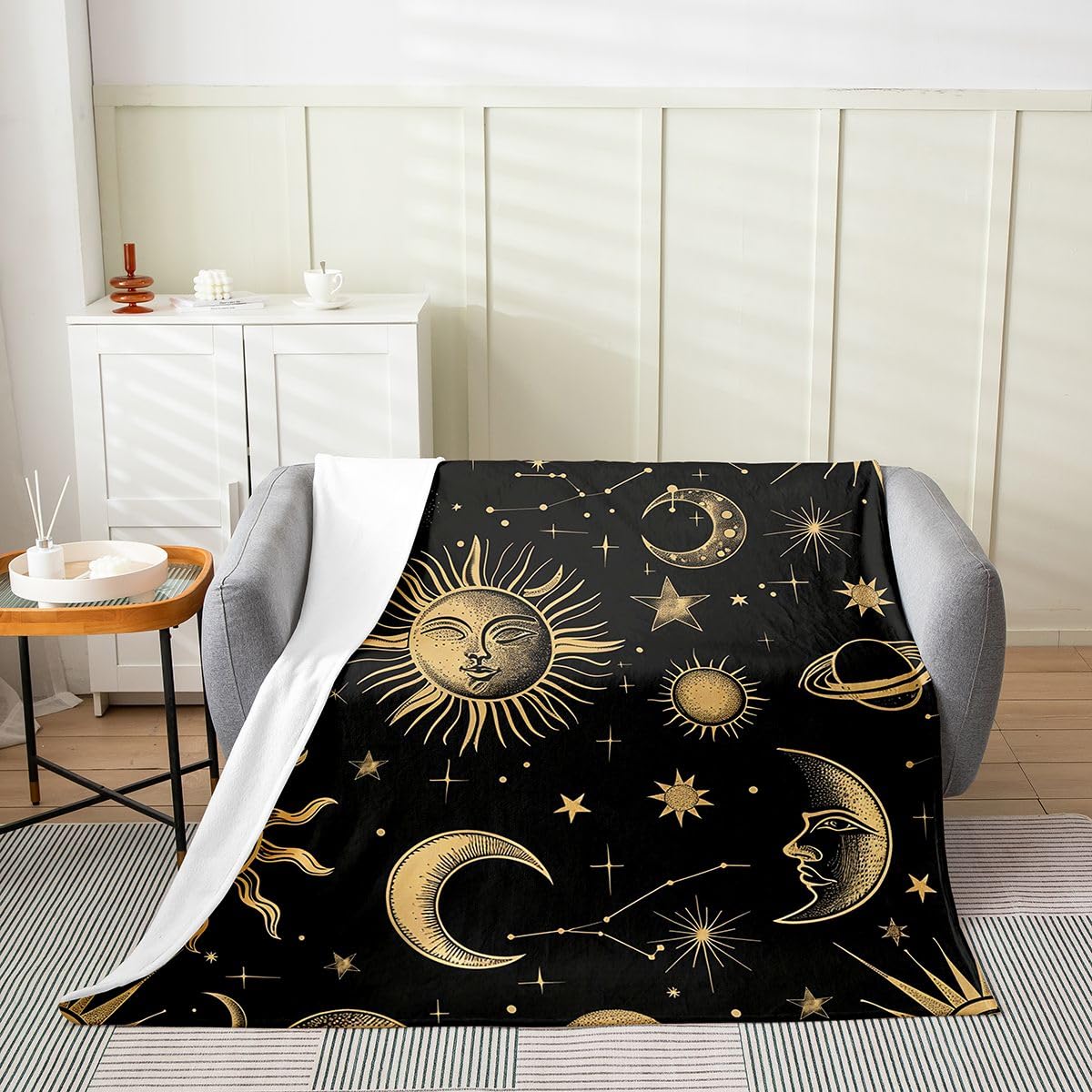 Feelyou Sun Moon Fleece Throw Blanket Halloween Flannel Blanket Plush Fuzzy Bohemian for Bed Couch Chair Living Room Galaxy 40"x50" Boho Exotic Bedroom Decor