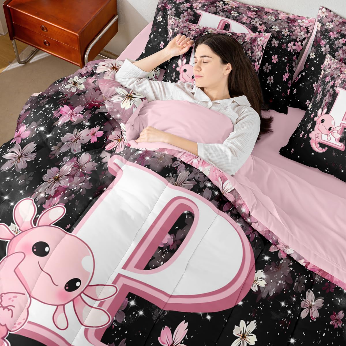 Erosebridal Pink Axolotl Bedding Set for Teen Girl (Pink Black,7Pcs,Twin Size) - Cute Initial Letter P Bed in A Bag Cherry Blossom Comforter Set Girly Preppy Cute Axolotl Quilt with Initial Design