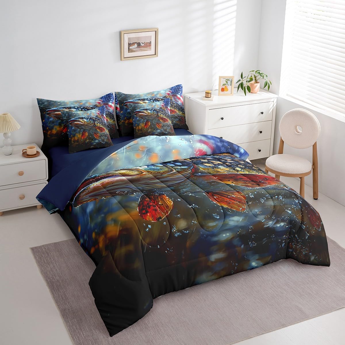 Erosebridal 3D Underwater World 7 Pcs Comforter Set Queen Size,Fish Sealife Bed in a Bag with Flat Sheet and Fitted Sheet for Kids Teens Adult,Tropical Bedding Set with Pillowcase and Sham Reversible