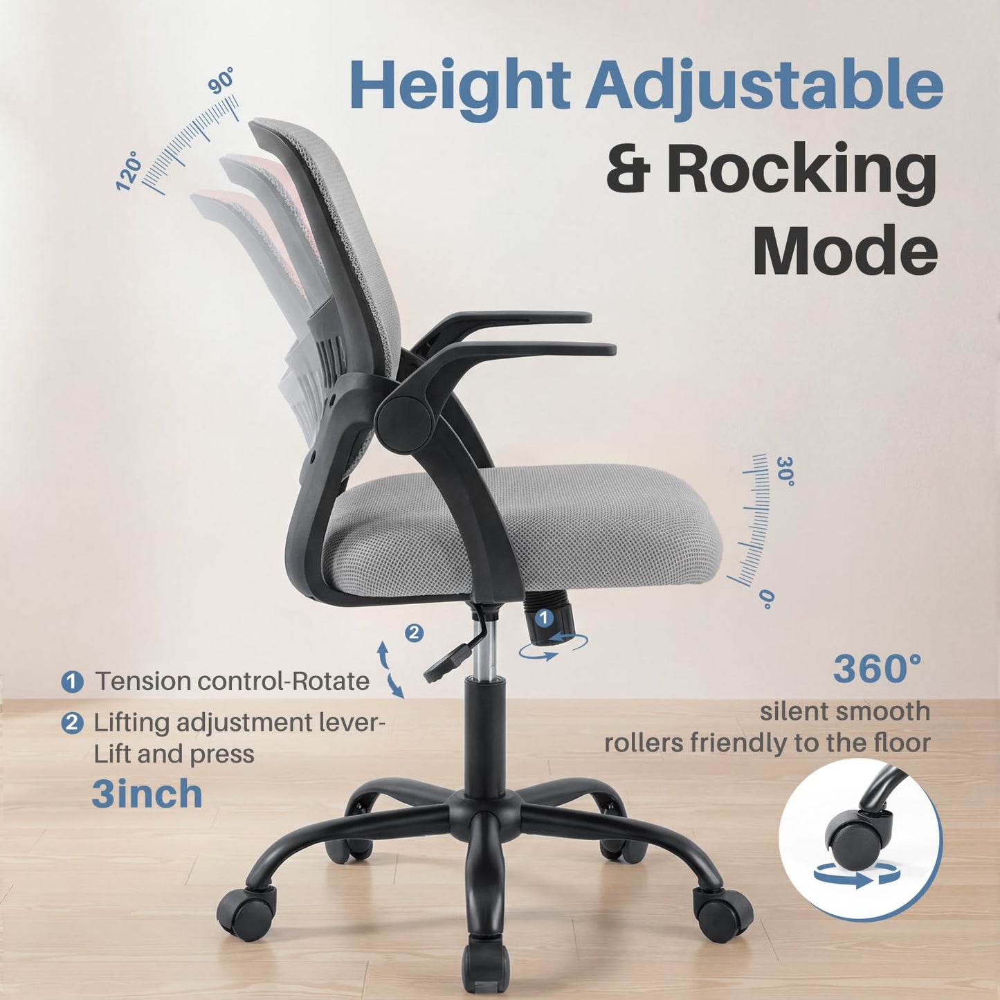 DUMOS Home Office Desk Chair - Ergonomic Computer Mesh Chair with Lumbar Support & Rocking Mode, Height Adjustable with Flip-up Armrest, for Conference, Meeting Room, 360° Swivel, Adults, Grey