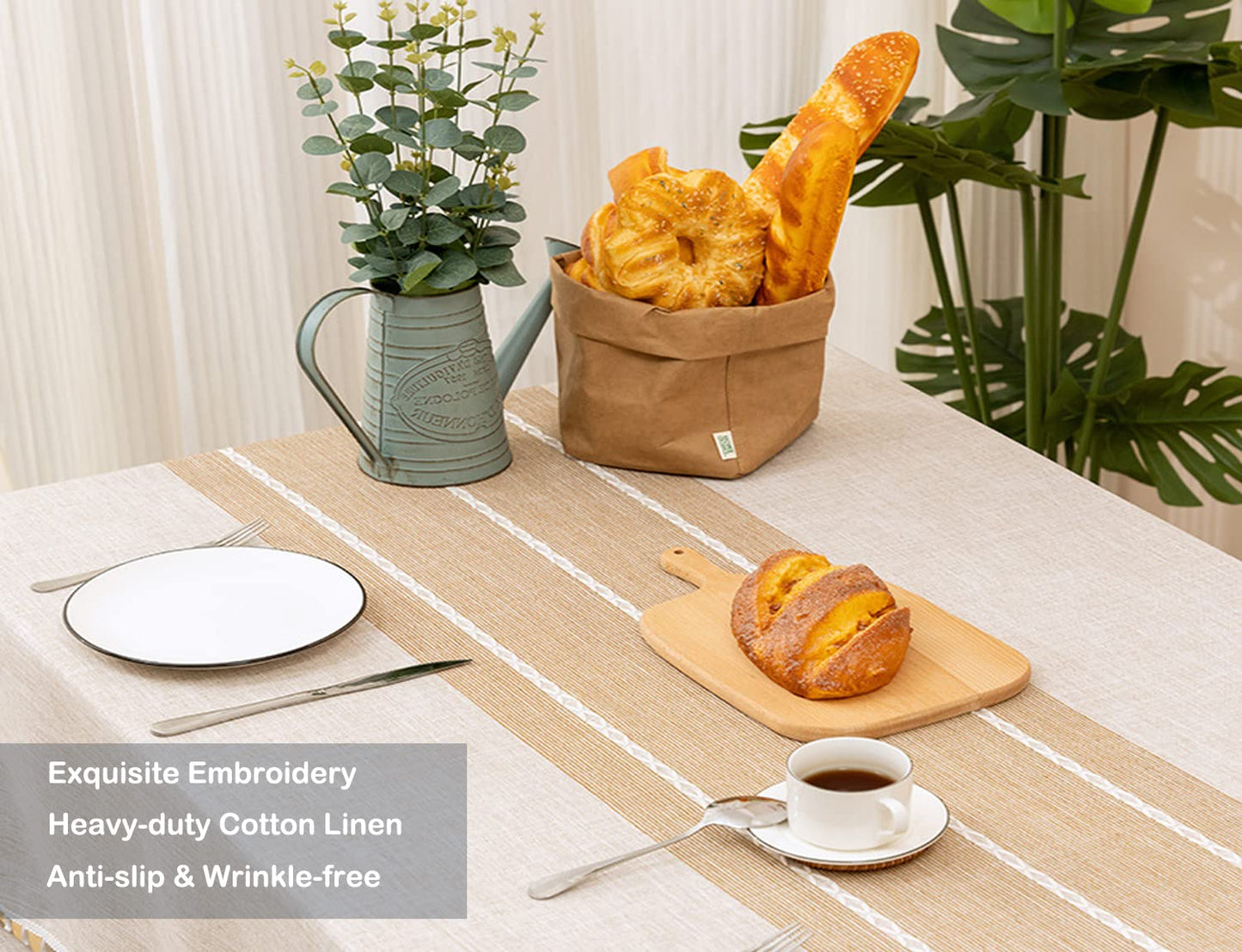Linen Rectangle Table Cloth Waterproof Cotton Fabric Farmhouse Burlap Rustic Boho Coffee Tasseled Oblong Tablecloth for Party, Camping, Picnic, Kitchen and Dining Room Table Decor,55" x 86", 6-8 Seats