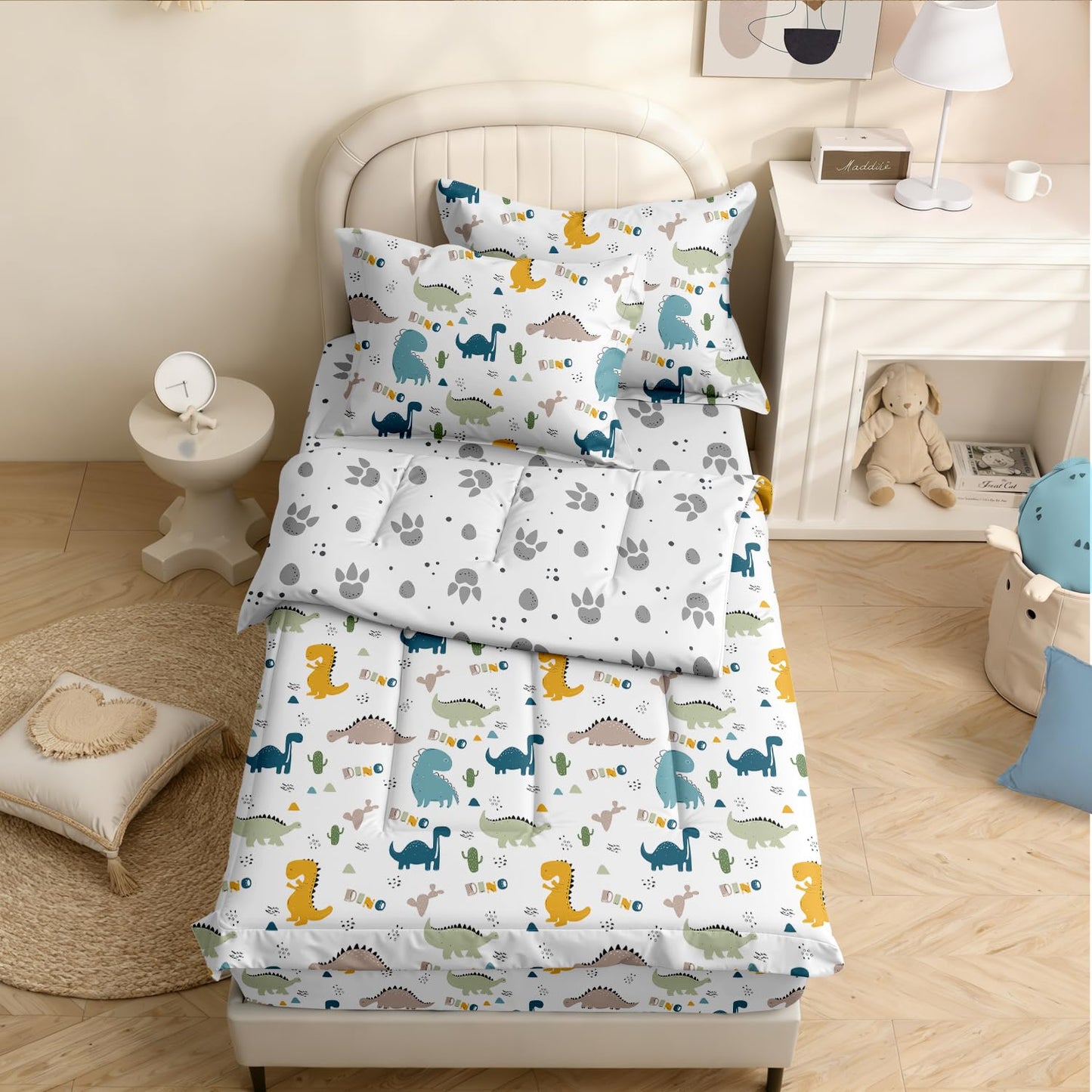 Yadangxiawa Kids Comforter Set,Zipper Bedding Twin for Boys,Dinosaurs Printed Comforter Set with Paw Fitted Sheets and Pillowcases for All Season(Dinosaurs Twin)