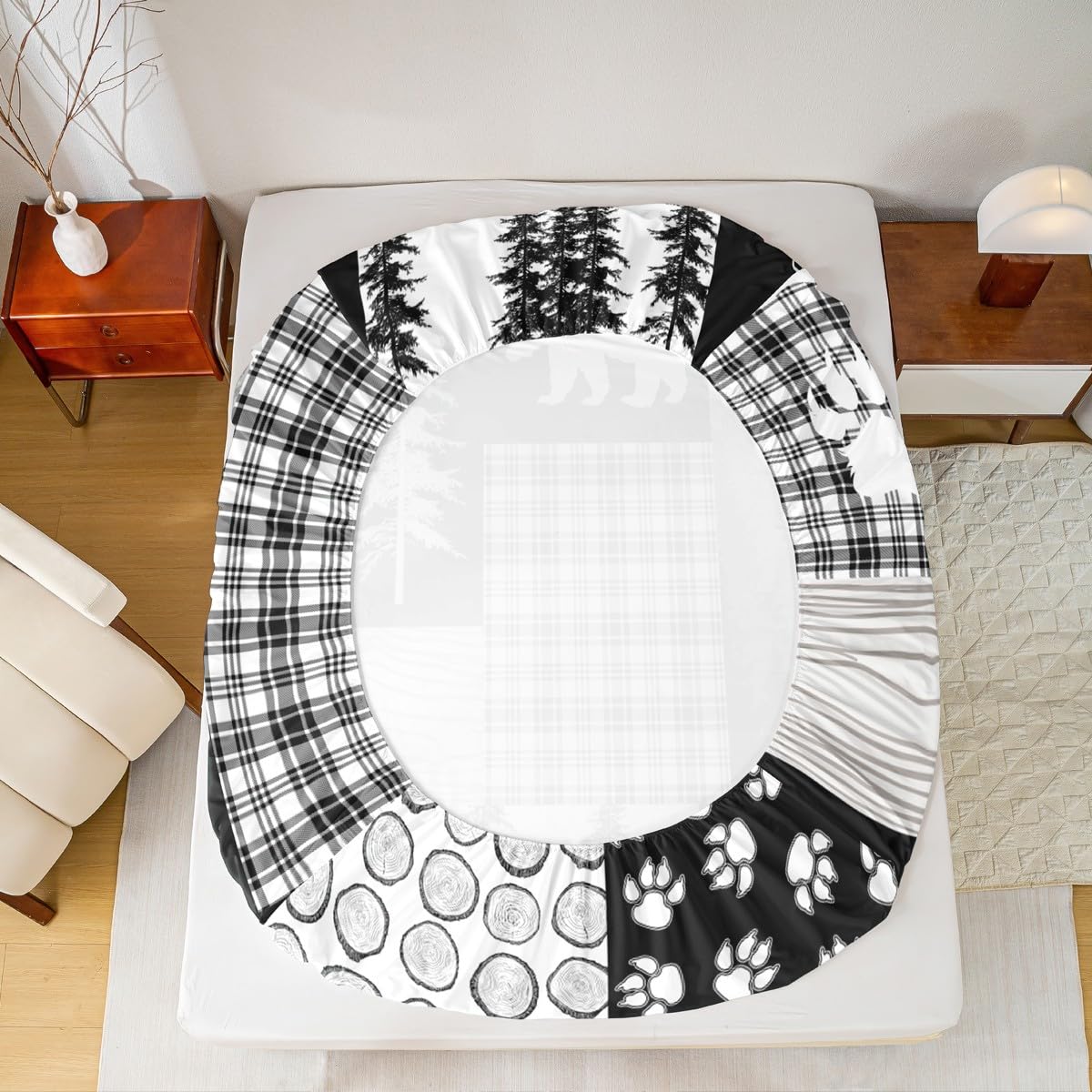 Bear Sheet Set Queen Size,Wildlife Hunting Woodland Rustic Cabin Bed Sheets for Boys Girls Kids Adult,Camping Adventure Geometric Plaid Patchwork Fitted Sheet,Xmas Pine Tree Sheets Gray Black