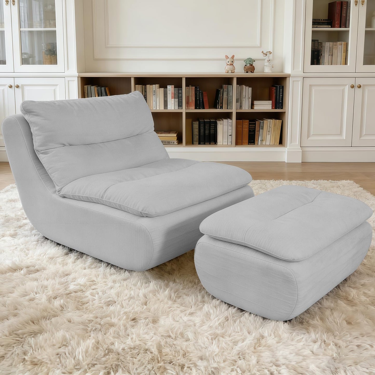 BTFYOU Boneless Chaise Lounge Chair, Large Memory Foam Bean Bag Chair with Ottoman for Adults and Kids, Comfy Sofa Bed Couch for Bedroom Living Room, No Assembly(Gray)
