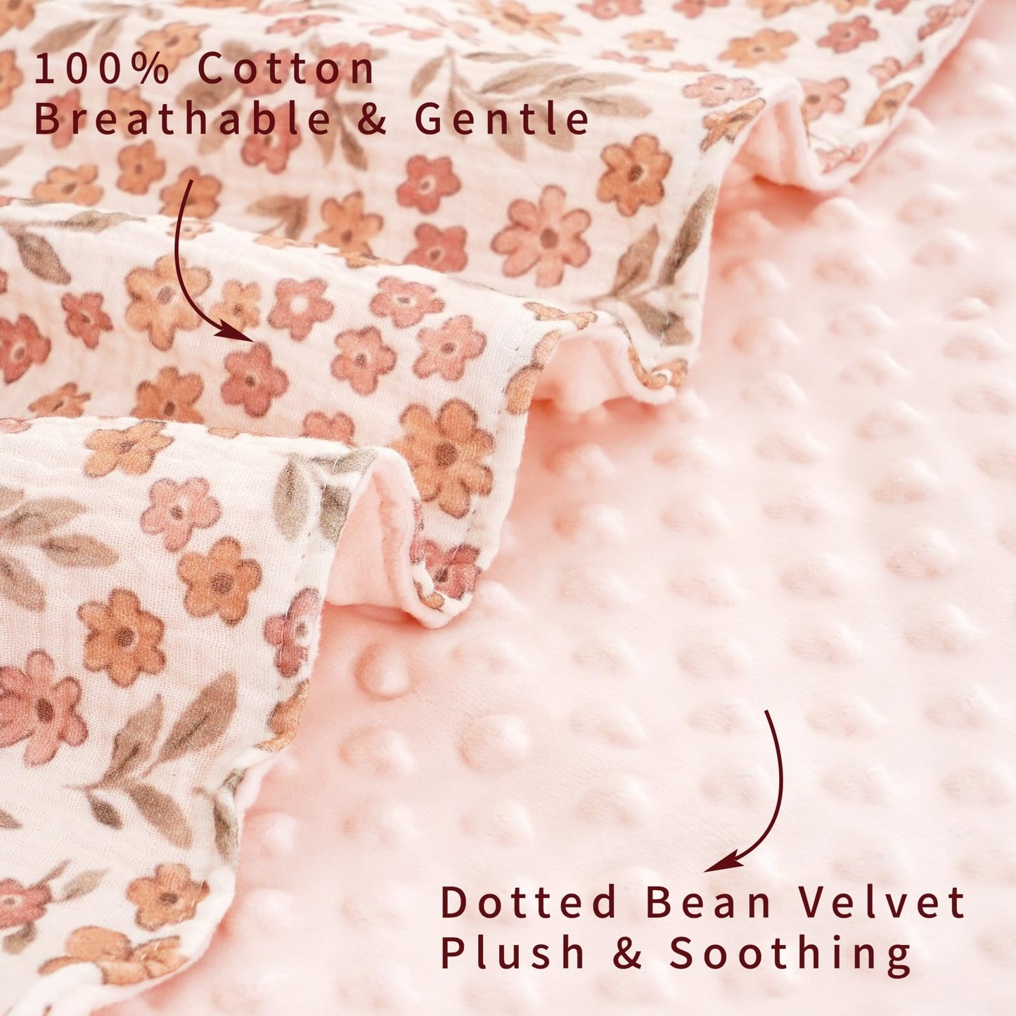 CoolaPeach 2 Pack Minky Baby Blankets,Super Soft Receiving Blankets with Muslin Cotton Front & Dotted Fleece Backing,39x29.5 Inches,Printed Bed Throws Newborn(Florals)