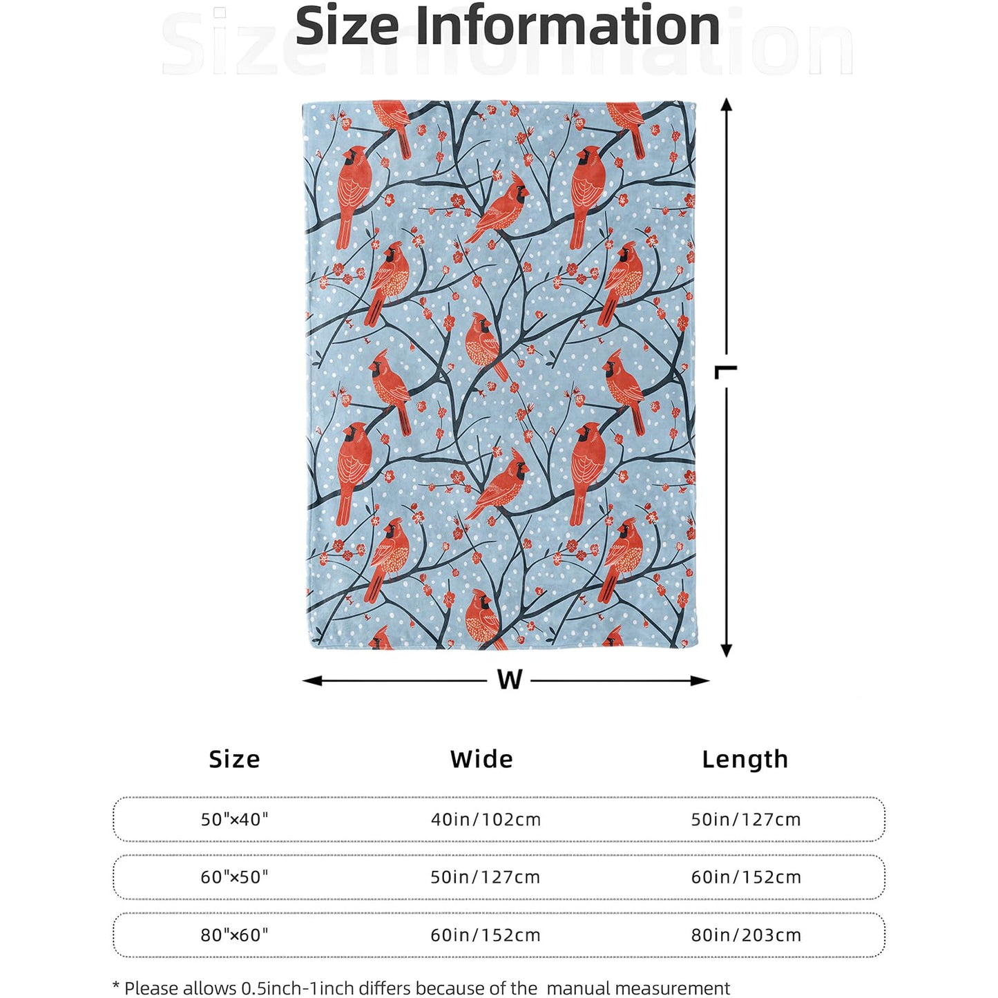 Cardinal Bird Pattern Blanket 50x60 in, Flannel Throw Blankets for Travel Camping Sofa Living Room Decor, Lightweight Cozy Soft Fuzzy Gifts for Women Adults Kids