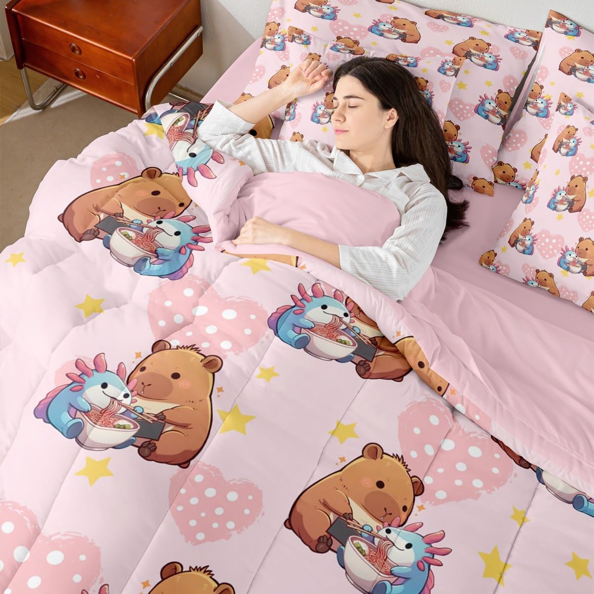 Erosebridal Girls Cute Capybara 7 Pieces Bedding Set, Axolotl Bed in a Bag Full, Capybara Feeding Noodles to Salamanders Pink Comforter Set with Sheets, Star Polka Dot Love Heart Bed Sets