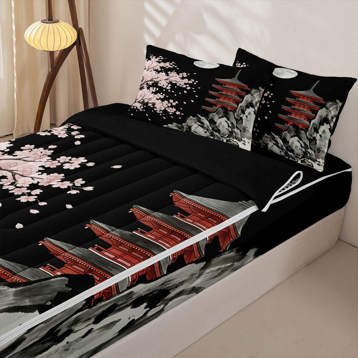 jejeloiu Pink Cherry Zipper Bedding Sets for Kids Boys Girls Japanese Style View Twin Comforter Set with Fitted Sheet Romantic Exotic Bedroom Decor Night Moon Microfiber with 2 Pillow Cases