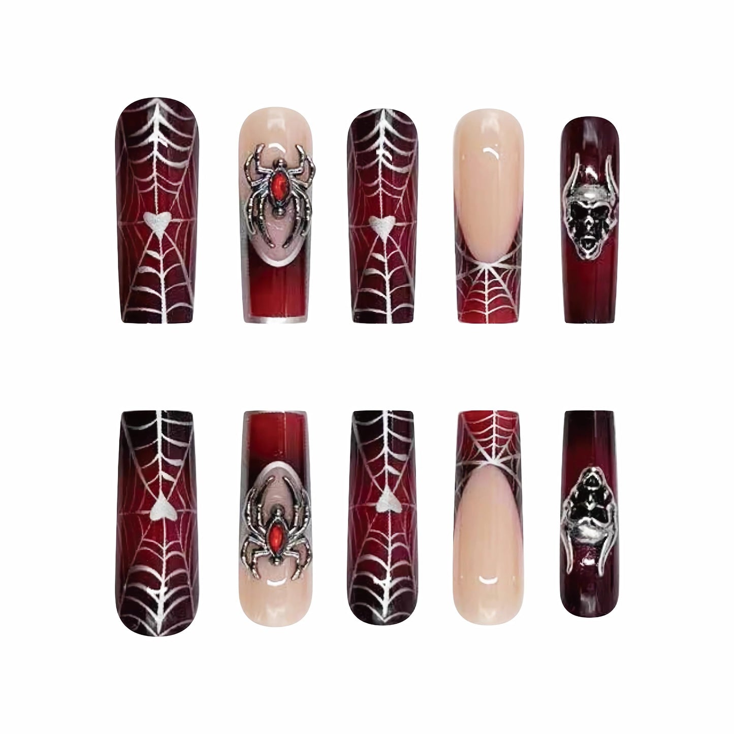 BABALAL Long Square Press on Nails - Goth Dark Black Red Metallic Spider Skull Charm Design Halloween Luxury Acrylic Nails Squoval 24Pcs