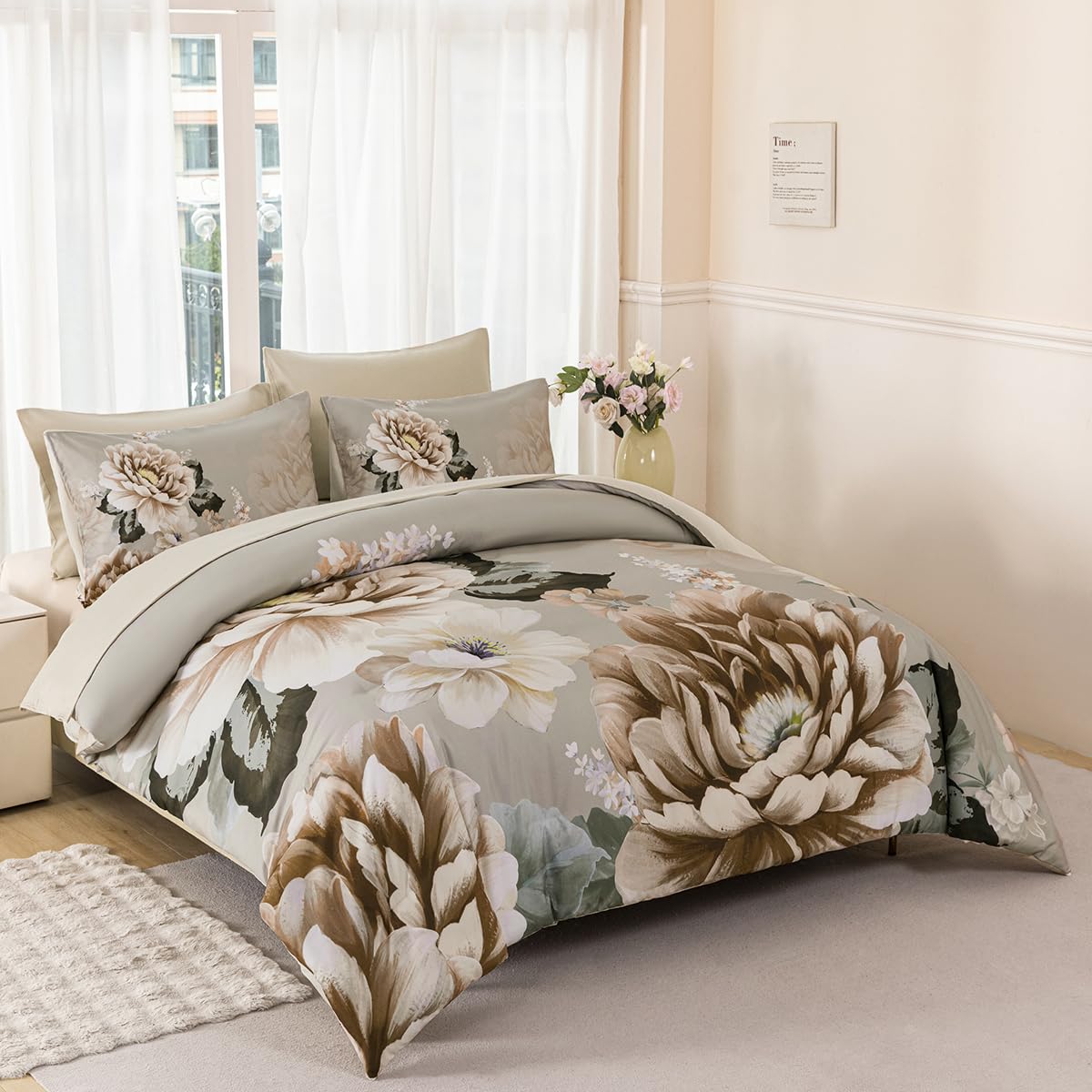 ZSYAYAHA Queen Bed Comforter Set Khaki Floral Bedding Sets Floral Bed Sets for Women Gorgeous 7 Pieces Bed in A Bag with Peony Pattern(Khaki, Queen)