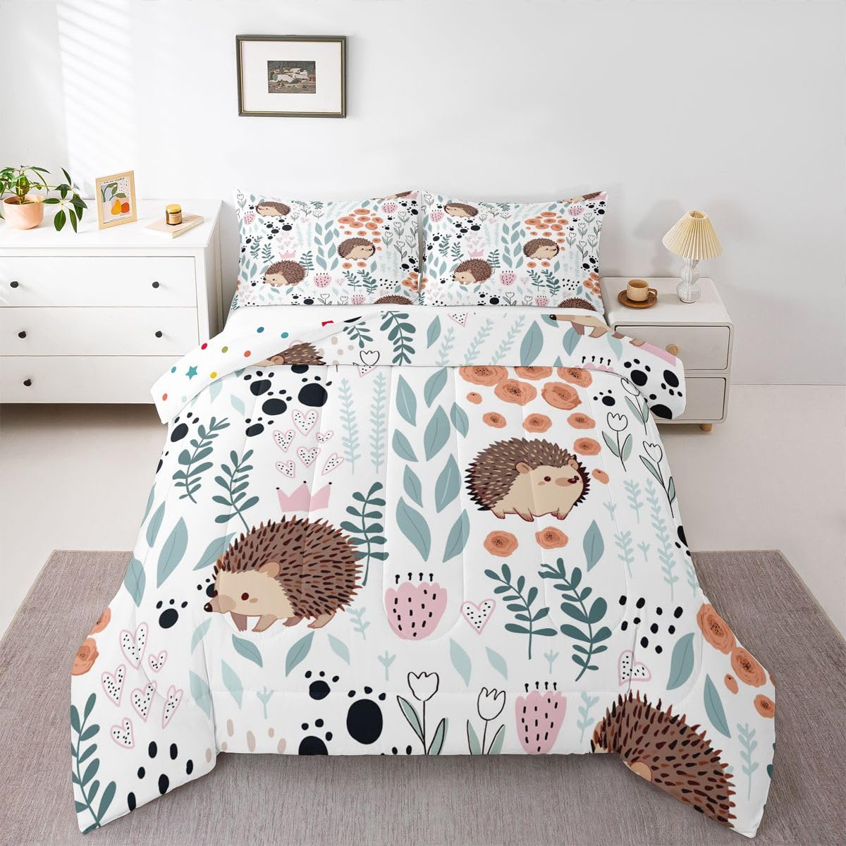 Erosebridal Kawaii Hedgehog Bedding Set Twin,Cartoon Hedgehog Comforter Set for Kids Girls Boys,Cute Love Heart Leaf Flower Comforter Set,Paw Print Animal Quilt Bed Set with 1 Pillow Case