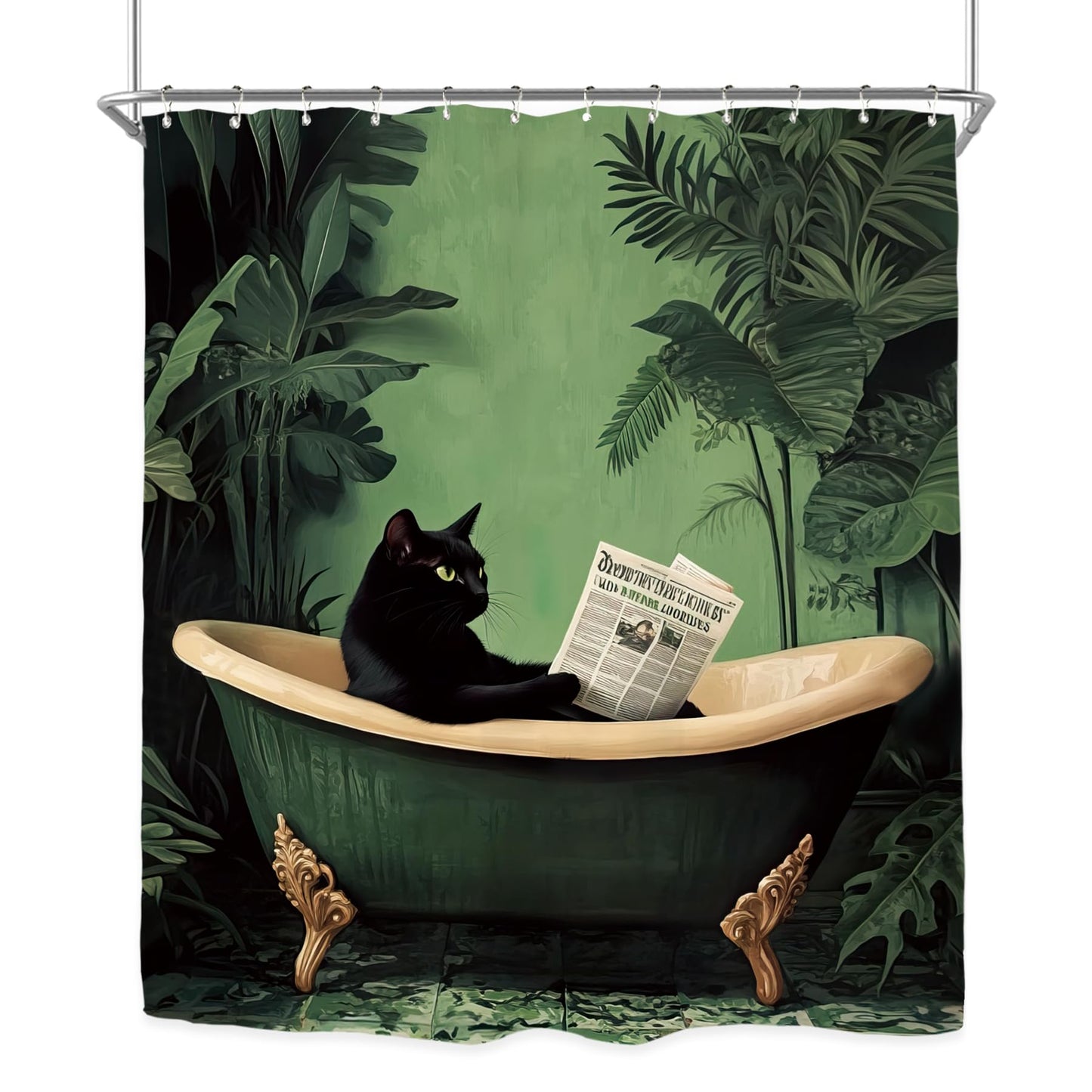 Miyotaa Funny Black Cat Shower Curtain Set 60Wx71H Inches Animal Hilarious Vintage Tropical Leaves Green Plant Polyester Waterproof Cloth Bathroom Curtain with 12 Hooks