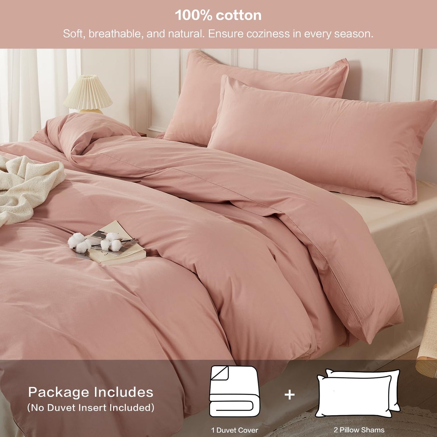 SAPHREAS 100% Washed Cotton Duvet Cover Full Size Set, Linen Like Comforter Cover with Zipper Closure & Corner Ties (No Comforter), 80x90 Dusty Rose
