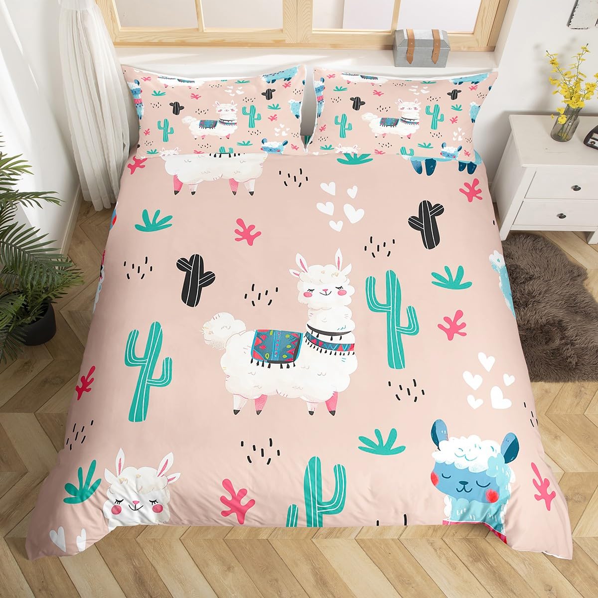 Manfei Cute Alpaca Duvet Cover Set Queen Size, Cartoon Llama Comforter Cover with 2 Pillowcases, Tropical Plant Cactus Bedding Set 3pcs for Kids Boys Girls, Lightweight Bedspread Cover,No Comforter