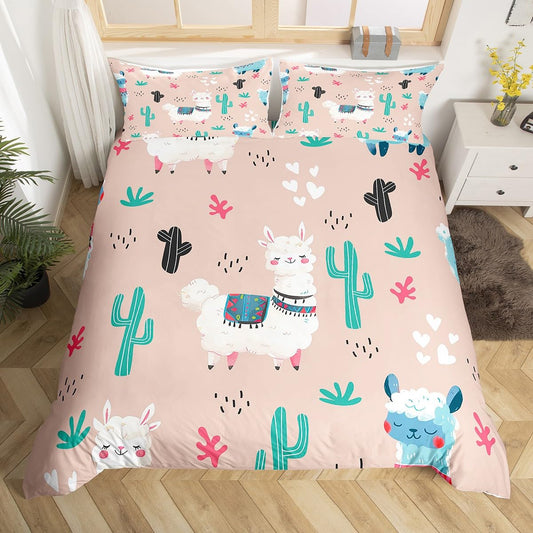Manfei Cute Alpaca Duvet Cover Set Queen Size, Cartoon Llama Comforter Cover with 2 Pillowcases, Tropical Plant Cactus Bedding Set 3pcs for Kids Boys Girls, Lightweight Bedspread Cover,No Comforter