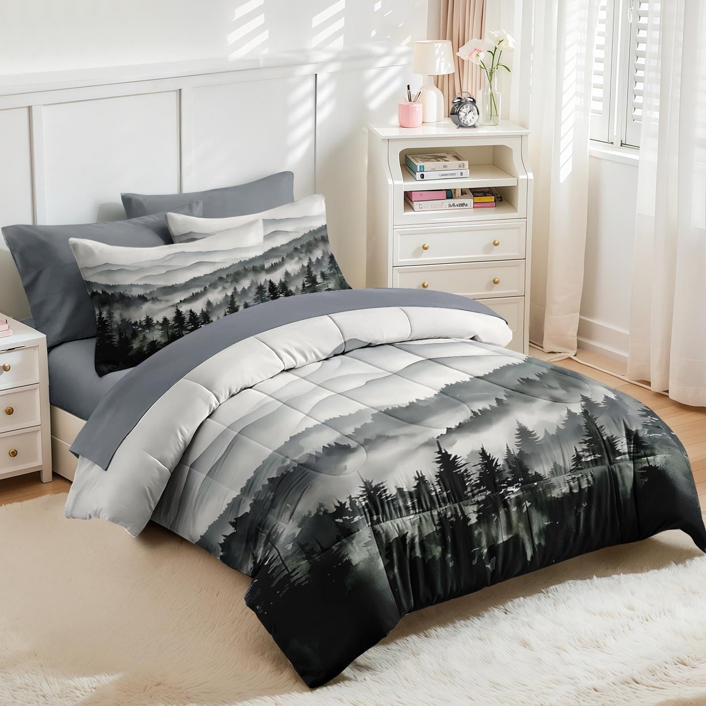 Nesker Comforter Set Full Size, Ink Forest 7 Pcs Bedding for Kids and Adults, Misty Mountains Bed Sheet Sets with Fitted Sheet 2 Pillowcases & 2 Shams