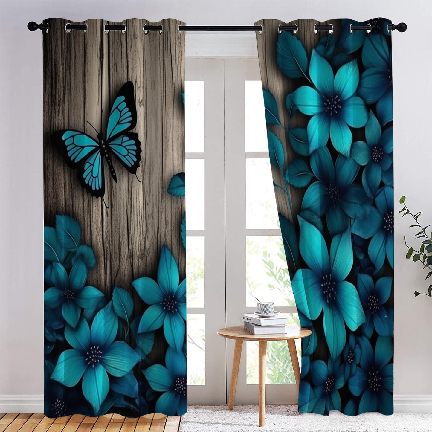 NejZoltrix Blue Floral Blackout Curtains, Rustic Wooden Window Curtains & Bedroom Decor Butterfly Flower Curtains for Living Room, Thermal Grommet Drapes 63 Inch Length 2 Panels Set