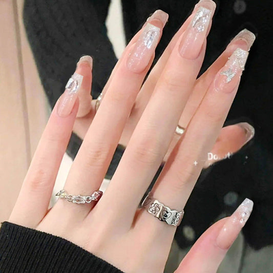 Hkanlre Coffin Press on Nails Nude Fake Crystal Nails Tips Full Cover False Long Nails for Women and Girls 24PCS