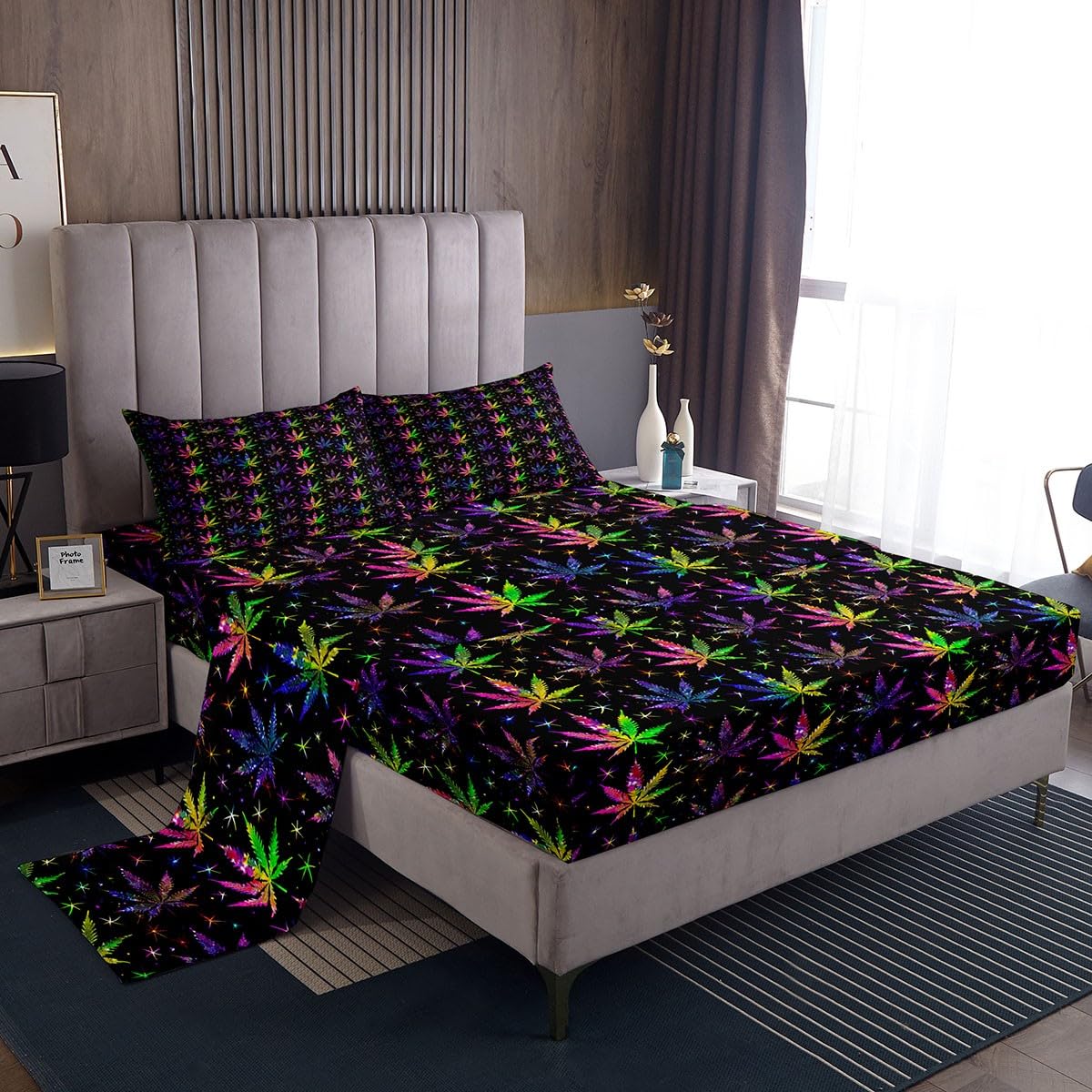 Shiny Cannabis Leaves Bed Sheet Set Twin Size,Colorful Marijuana Leaves Fitted Sheet + 1 Flat + 1 Pillow Sham,Boho Botanical Rainbow Bedding Set for Kids Boys Bedroom Xmas Gift, Soft Fabric