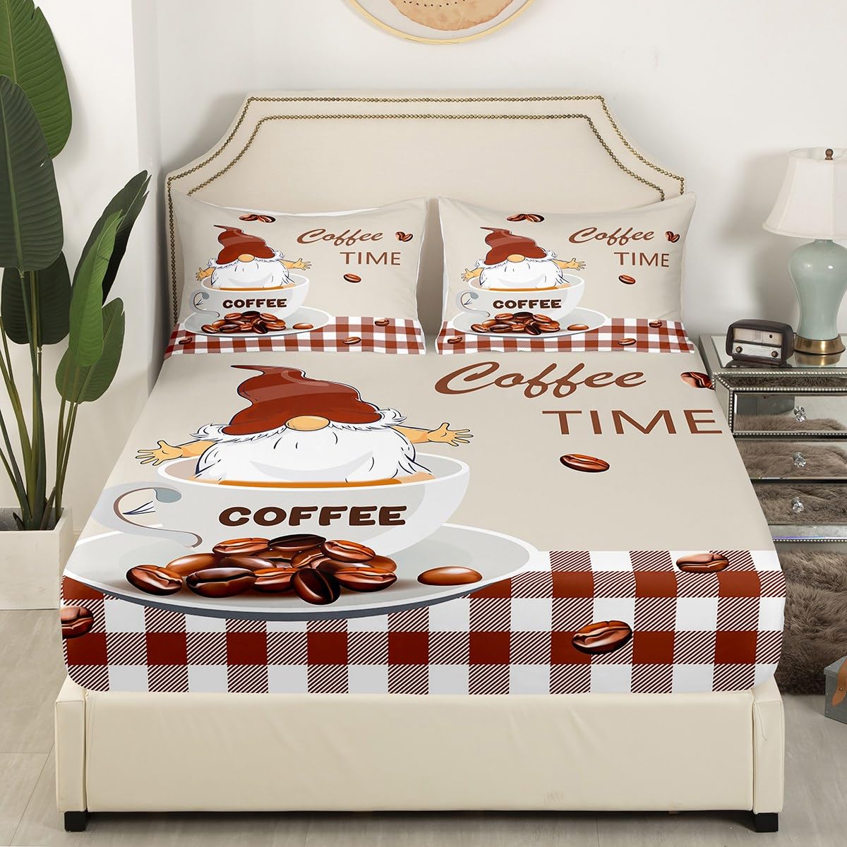 Manfei Coffee Fitted Sheet Twin Size, Gnome Coffee Time Bed Cover with 1 Pillowcase, Brown Plaid Farmhouse Bedding Set 2pcs for Kids Boys Girls Room Decor, Soft Polyester Bedding
