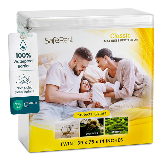 SafeRest Waterproof Mattress Protector Twin Size – Absorbent Breathable Soft Fitted Bed Cover with 18" Deep Stretchable Pockets – Machine Washable Twin Mattress Cover