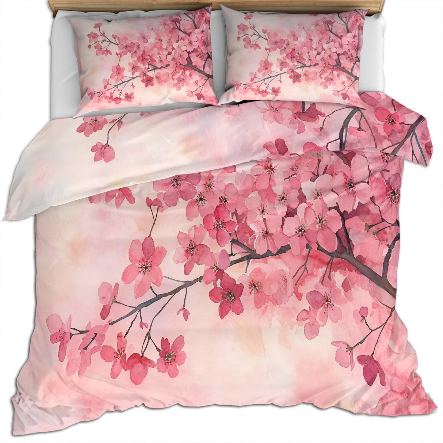 PAISUOQ Cherry Blossom Duvet Cover King, Japanese Florals Comforter Cover with Zipper Ties, Pink Flowers Bedding Set, 3 Pieces with 2 Pillow Cases, Home Decor & Gifts