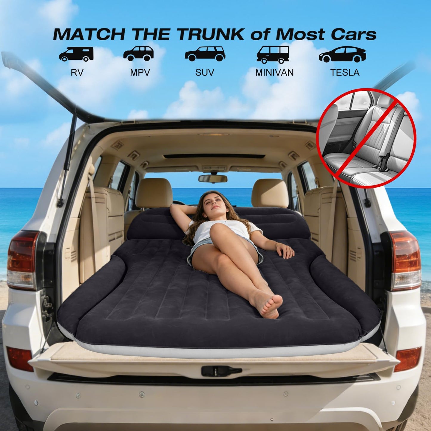 Ciremiv SUV Air Mattress, Double-Sided Thick Flocked Car Air Mattress with Built-in Pump & Pillow, Complete Sleeping Accessories for Auto Camping & Road Trips（Blue Black）