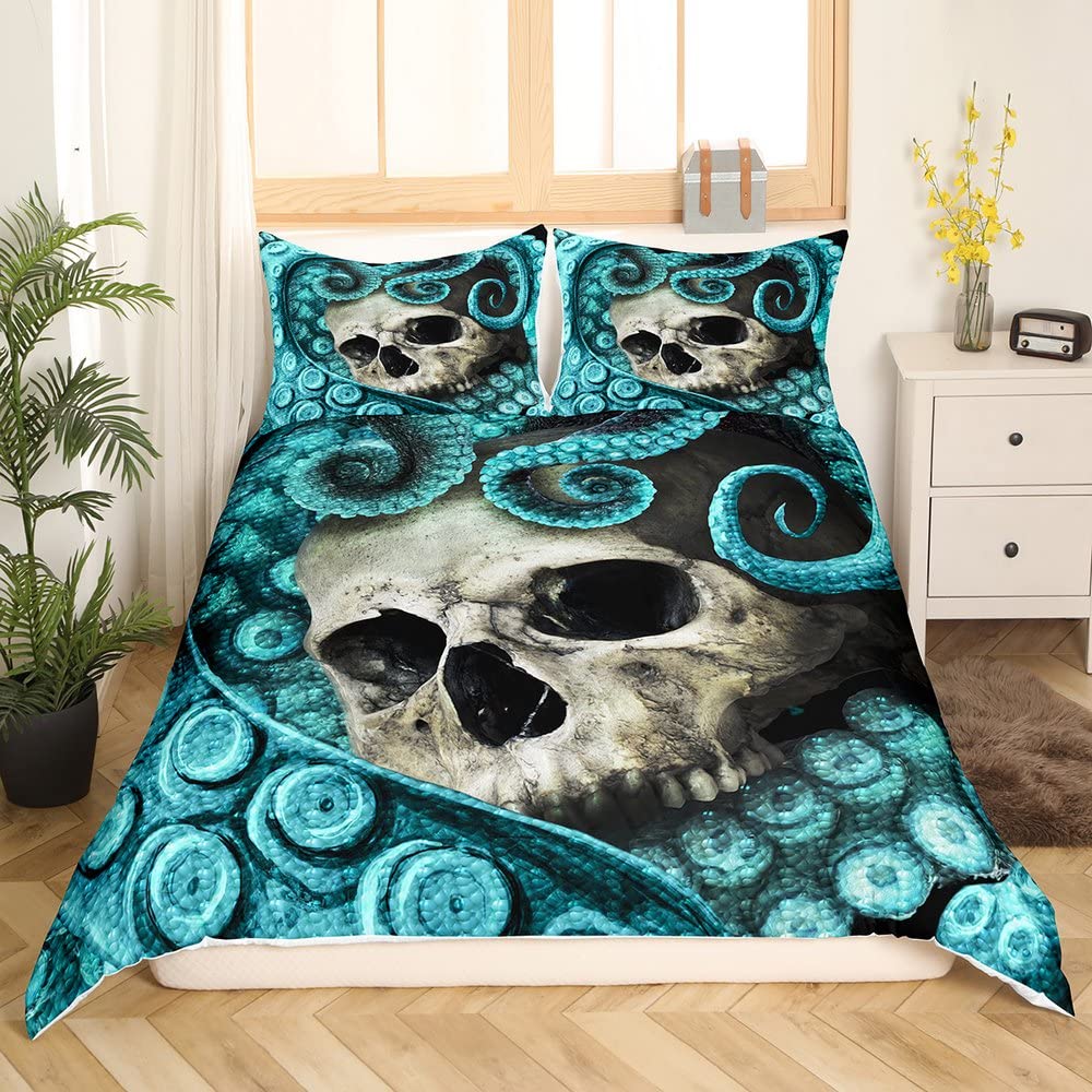 Feelyou Octopus Duvet Cover Set King Size Skull Bedding Set 3D Print Blue Decorative Luxury Horror Microfiber Polyester Comforter Cover with 2 Pillow Shams, Zipper, Marine Life, 3 Pieces