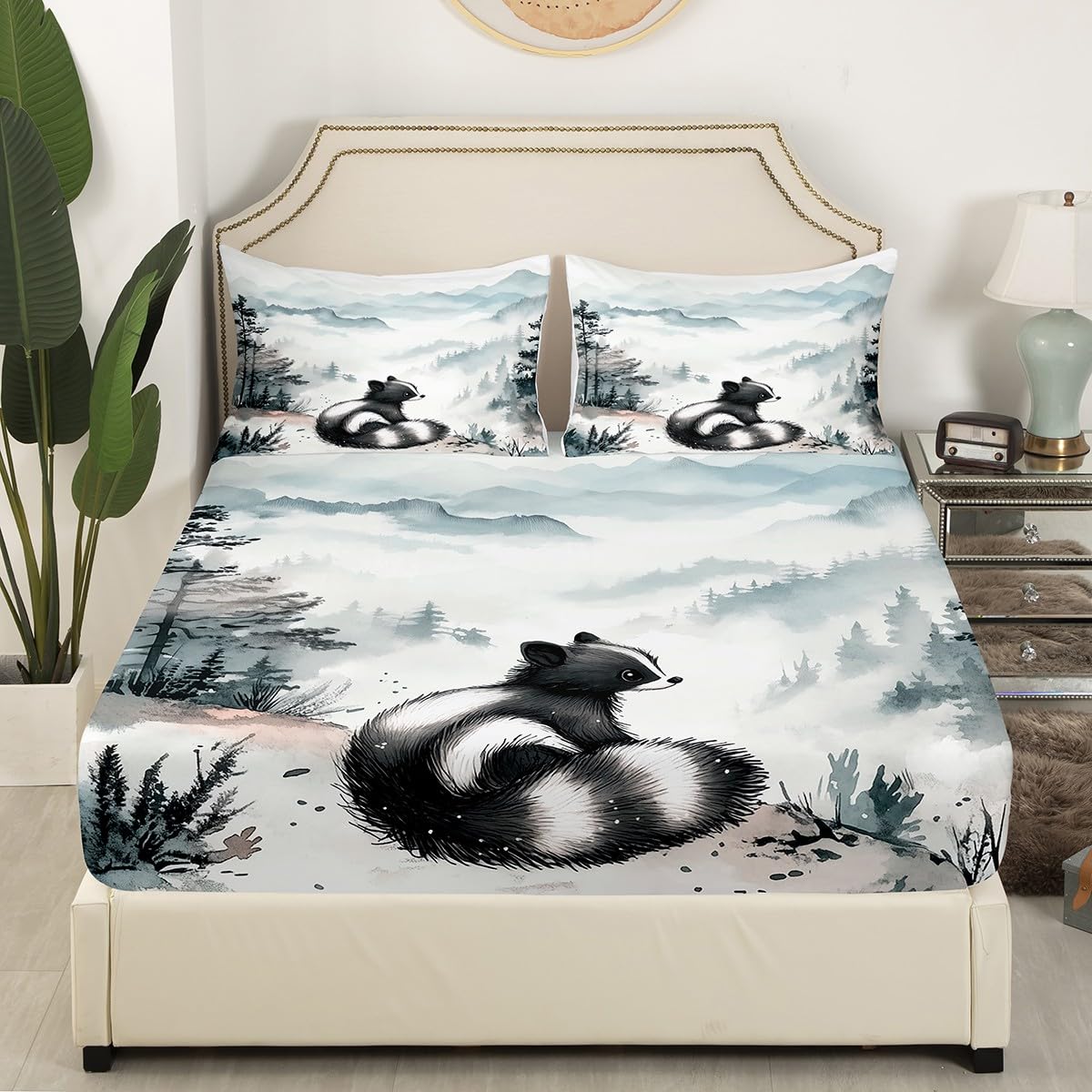 Erosebridal Skunk Bed Sheets for Kids, Cute Wild Animals Bedding Set Queen Size Smoky Mountain Fitted Sheet for Boys Girls Teens Adult Women Bedroom Decor, Farmhouse Wildlife Sheets