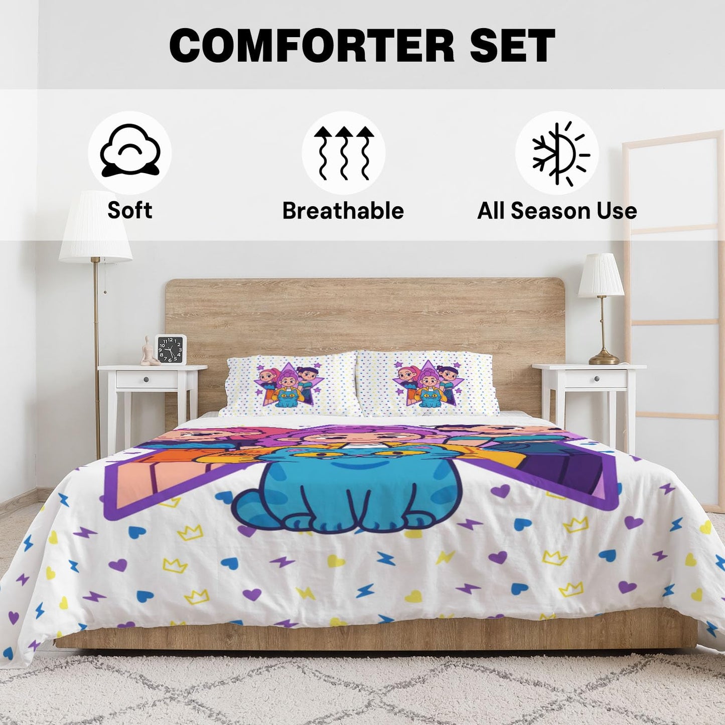 Allenjoy Cute Korean Anime Hunter Comforter Set with 1 Pillowcase for Girls Teens Women Fans Daughter Bedroom Nursery Bedding Room Decor, Machine Washable Durable Twin Size