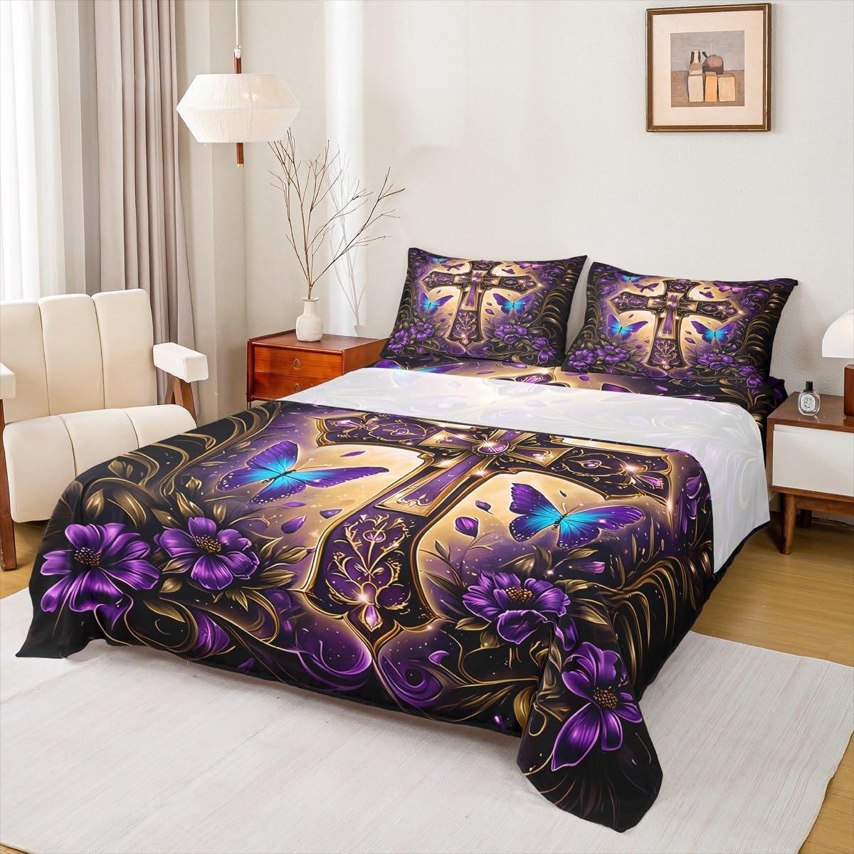Erosebridal The Cross Theme Flat Fitted Sheet Full Patriotic Style Bedding Sets Butterfly Floral Bed Sheets Set for Men Women Adult,Purple Flower Bedding Sets for Bedroom Decor with 2 Pillow Cases