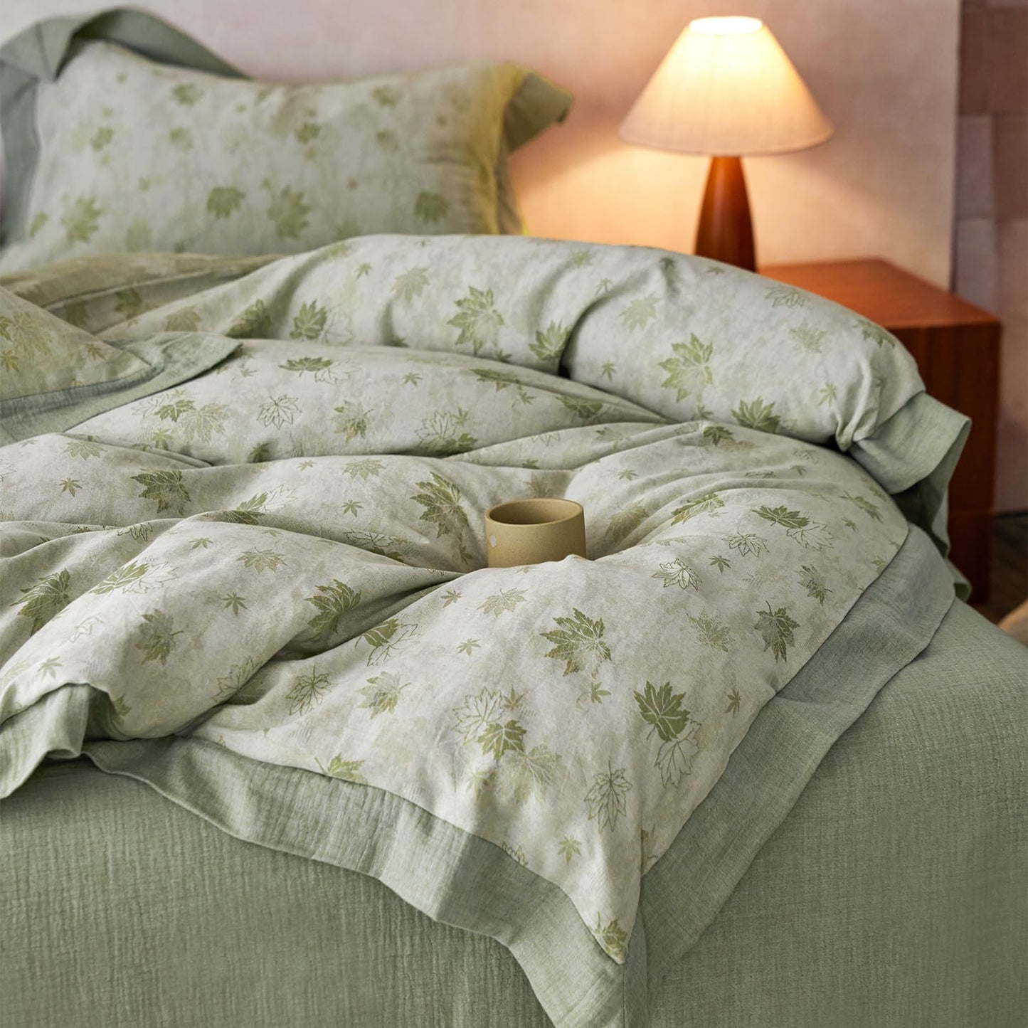 mixinni Yarn-Dyed Jacquard Duvet Cover King, Green Botanical Leaf Print 3-Piece Bedding Set with Wide Edge Piping, Soft Breathable Double Layer Gauze for All Seasons (1 Duvet Cover + 2 Pillowcases)