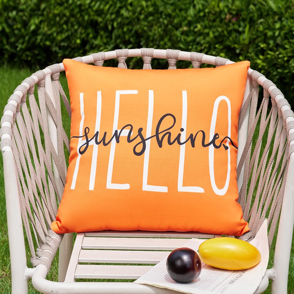 DFXSZ Outdoor Pillow Covers 18x18 Inch Set of 2 Hello Sunshine Decor Orange Waterproof Throw Pillow Covers Fall Outdoor Waterproof Pillow Covers Decor for Patio Funiture Garden Sofa Couch 020C18