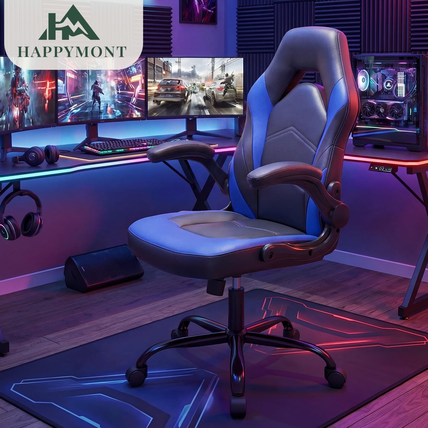 HAPPYMONT Ergonomic Computer Gaming Chair - Home Office Desk with PU Leather Lumbar Support, Adjustable Big and Tall Video Game with Flip-up Armrest, Swivel Wheels for Adults and Teens,Black Blue