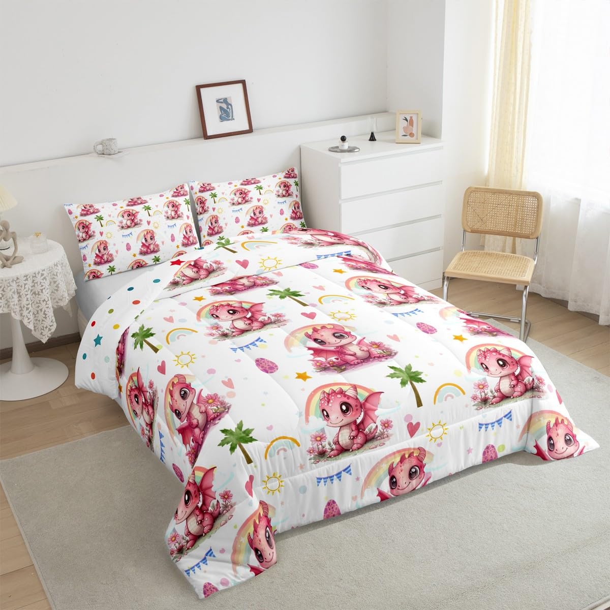 Girly Pink Dragon Bedding Comforter Sets Toddler,Cute Dragon Rainbow Cartoon Eggs Bedding Set for Bedroom Decoration,Rustic Coconut Tree Pink Hearts with 1 Comforter and 1 Pillow Case Bedroom Decor
