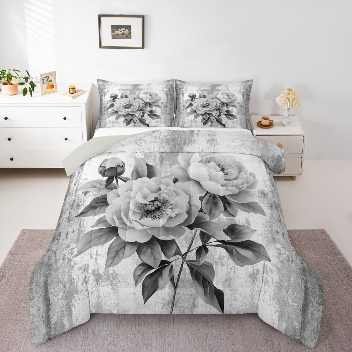 Erosebridal Watercolor Peony Floral Queen Comforter Set Abstract Oil Painting Bedding Set Rustic Farmhouse Bed Set Gray White Flowers Quilt Set