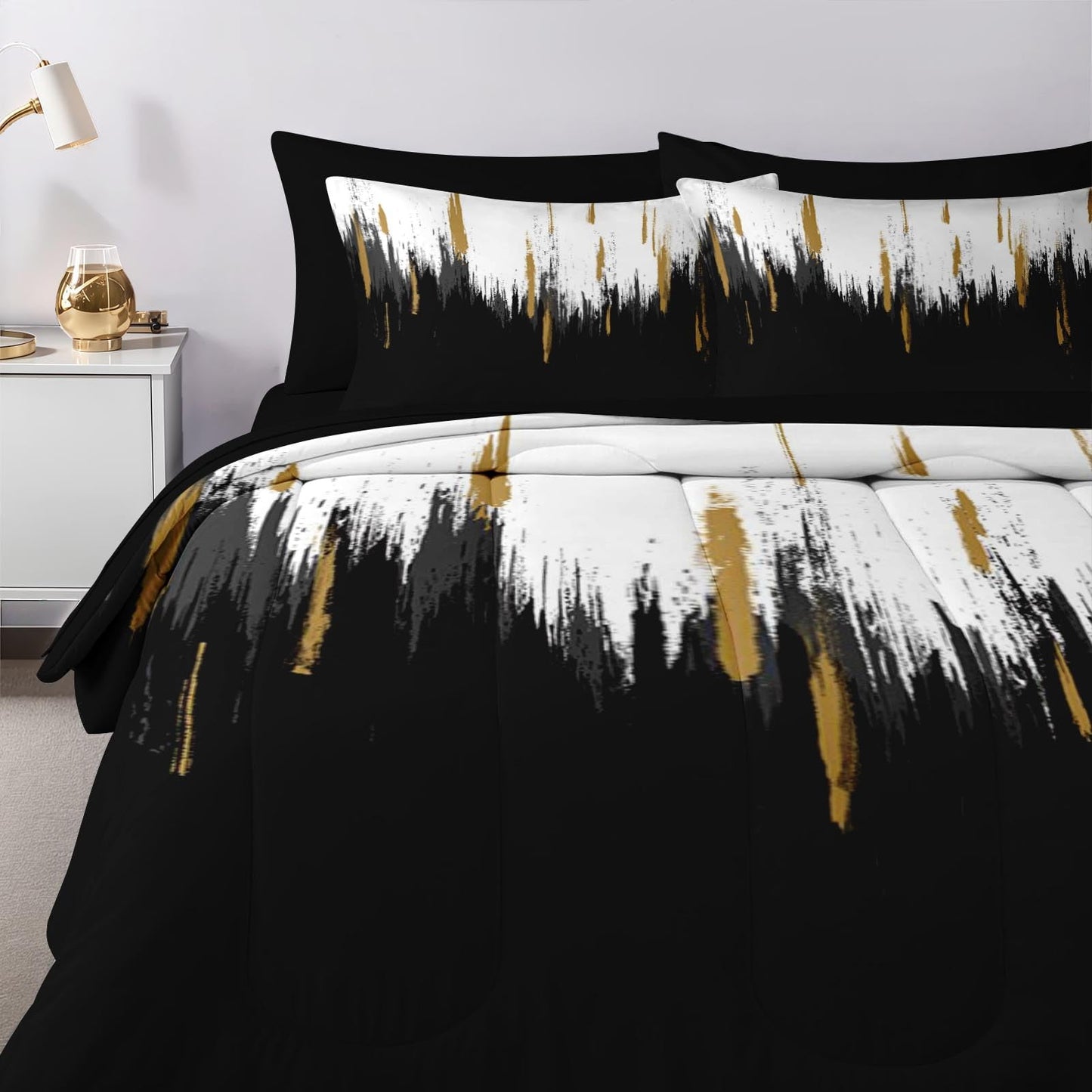 Nesker Comforter Set King Size, Black Gold White 7 Pcs Bedding for Kids and Adults, Abstract Oil Painting Bed Sheet Sets with Fitted Sheet 2 Pillowcases & 2 Shams