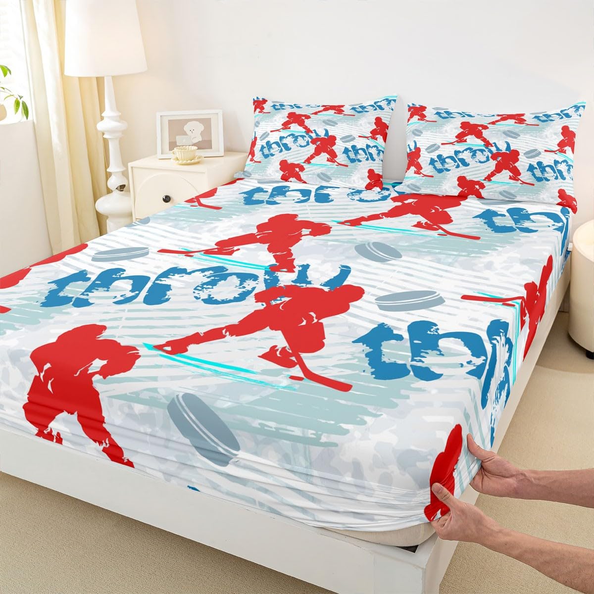 Ice Hockey Kids Sheet Full Size,Winter Event Ball Sport Game Bedding Set for Boys Adults,Athlete Silhouette Graffiti Red Blue Stylish Bed Sheet Set 4pcs(Fitted Sheet + Flat Sheet + 2 Pillowcases)