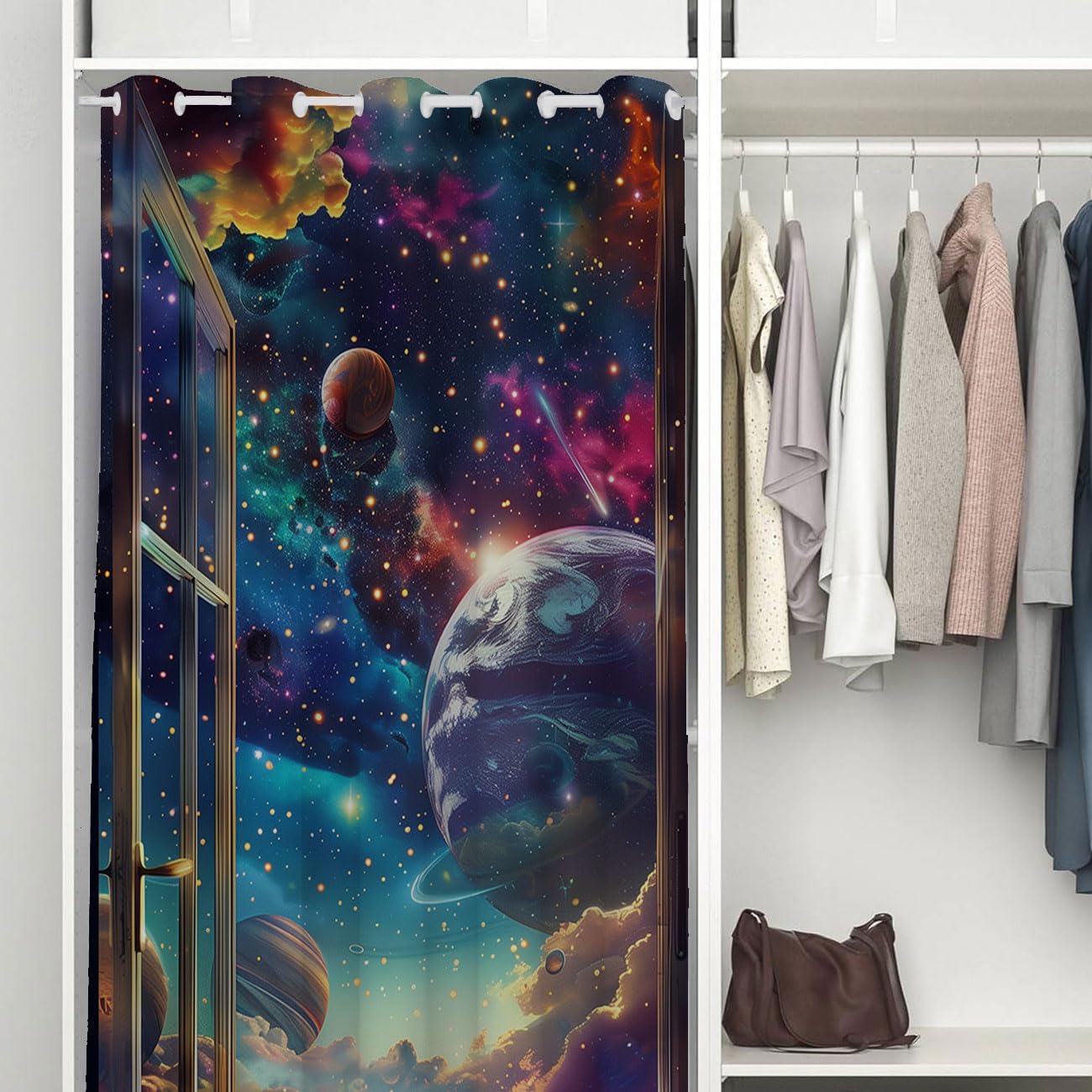 Chaohuan Space Fantasy Door Curtain, 3D Windows Colorful Galaxy Planets Stars Room Divider Curtain for Kids Boys Girls Teens Bedroom Living Room Closet 1 Panel 34" W X 80" L