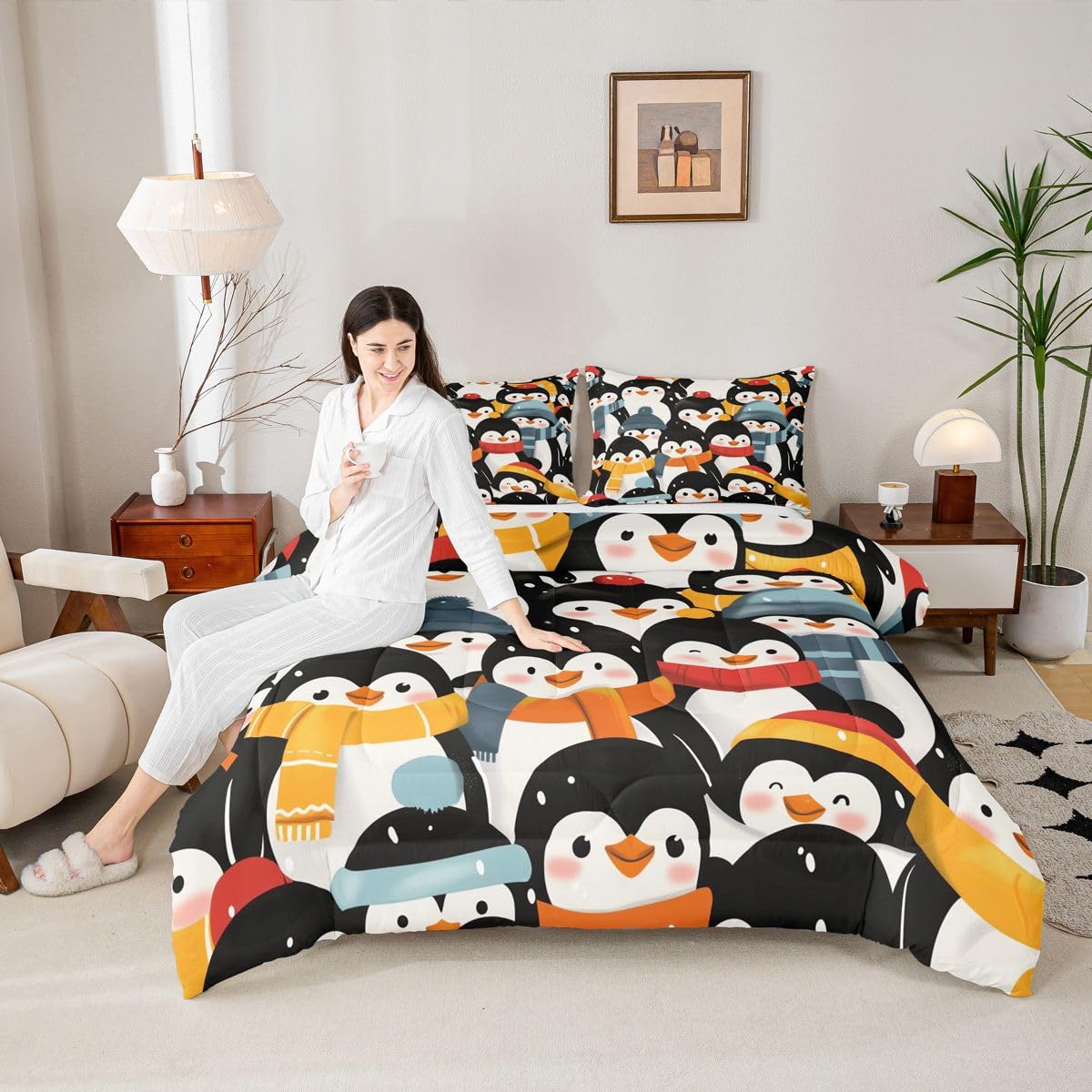 Erosebridal Kawaii Penguin Comforter Set Queen Antarctic Wild Animal Print Bedding Set Cartoon Penguins Comforter for Kids Boys Girls,Snowy Winter Decor Quilt Duvet