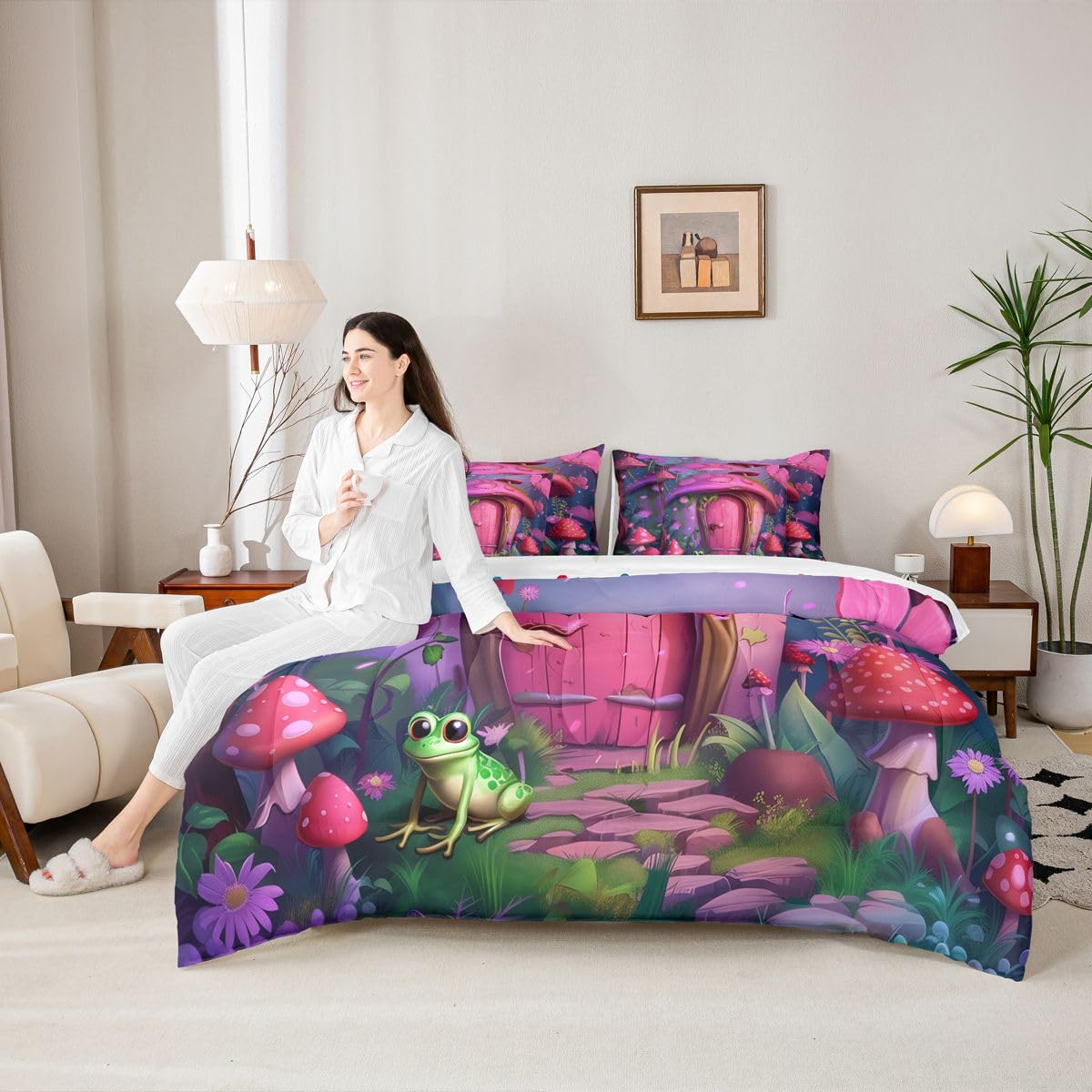 Erosebridal Comforter Set Twin Size, Cute Mushroom House 7 Pcs Bedding for Kids and Adults, Fairy Tale Frog Bed Sheet Sets with Fitted Sheet 2 Pillowcases & 2 Shams for Bedroom Bed Decor