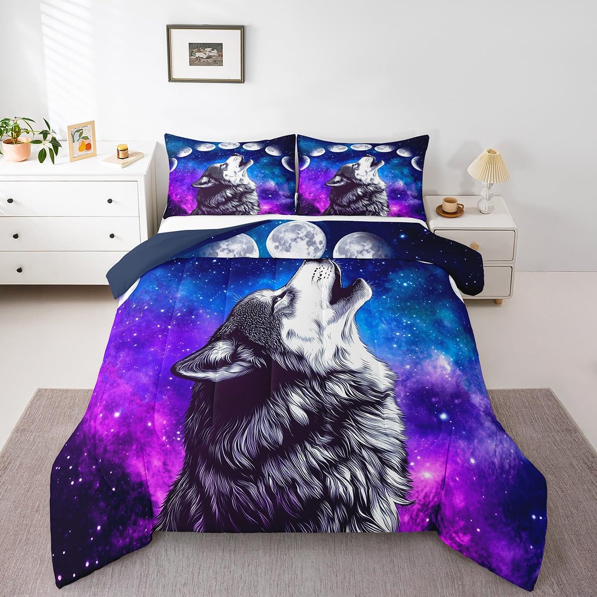 Erosebridal Howling Wolf Quilted Duvet Blue Purple Starry Sky Bedding Set Full Size,Galaxy Series Comforter Set for Child Teens Youth Man,Stars Moon Duvet Filler Wild Animal Themed Room Decor