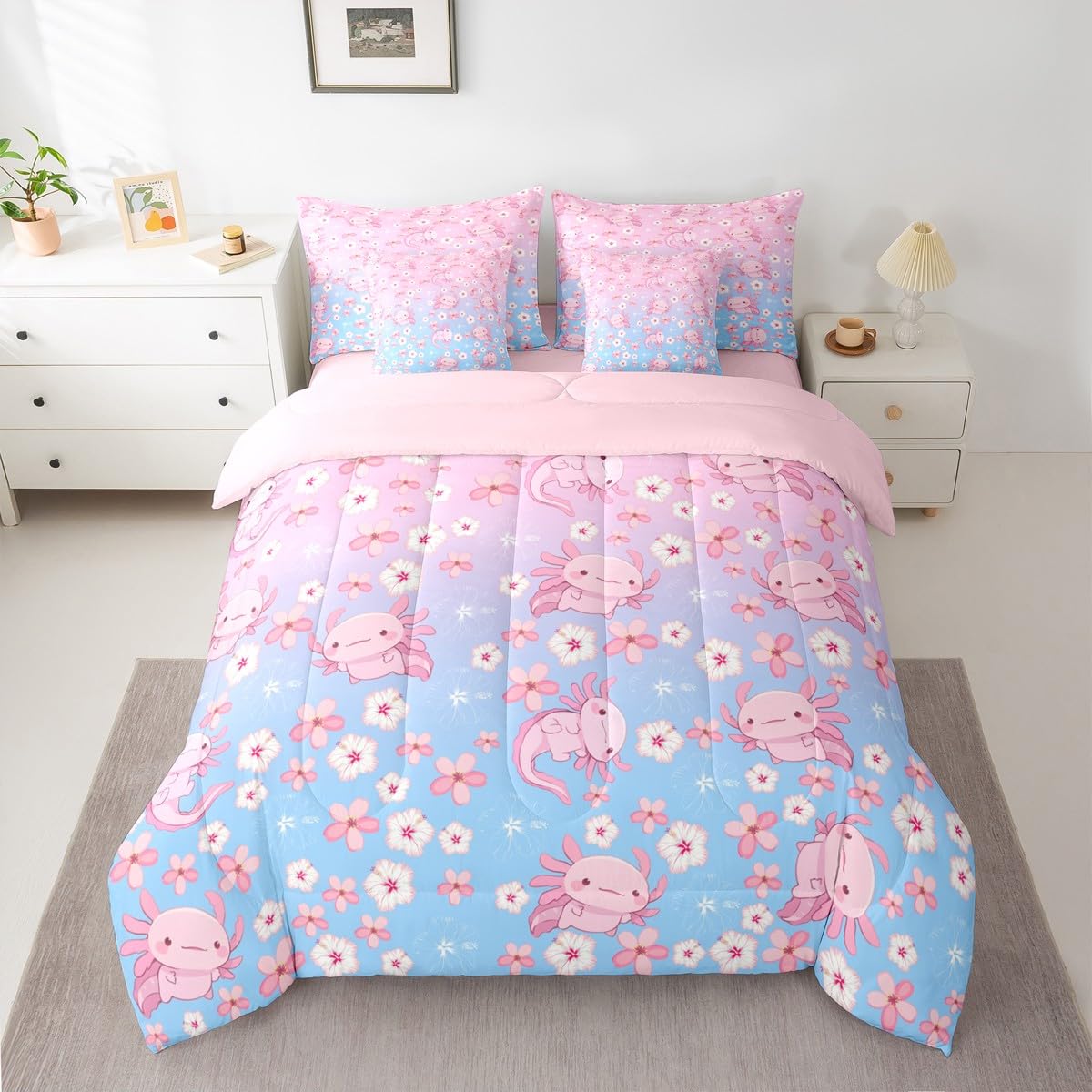Erosebridal Axolotl 7 Piece Bedding Set King Ombre Comforter Set with Sheets Cherry Blossoms Cartoon Salamander Bed in a Bag Kawaii Pink Blue Ombre for Kids Boys Girls