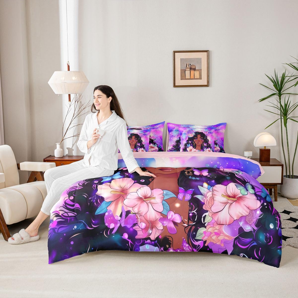 Erosebridal Cute Cartoon Black Girls Queen Bedding Set Purple Pink Romantic Floral Comforter Set with Flat and Fitted Sheet Kids Teen Vibrant Butterfly 7-Piece Bed in a Bag Watercolor Art Quilt Sets