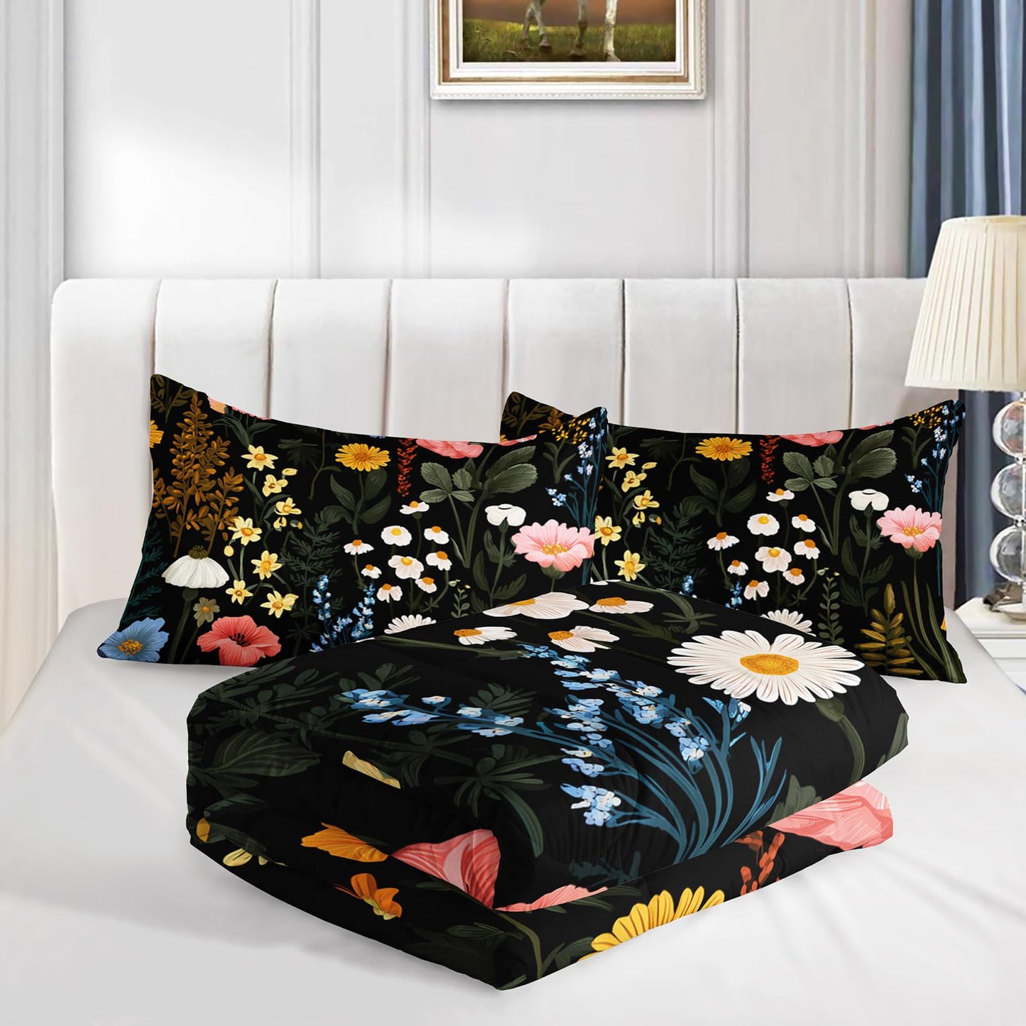 AILONEN Dark Floral Full Comforter Set 3 Piece, Meadow Daisy Poppy Bedding Pack, Green Leaf Microfiber Layer, 2 Pillowcases