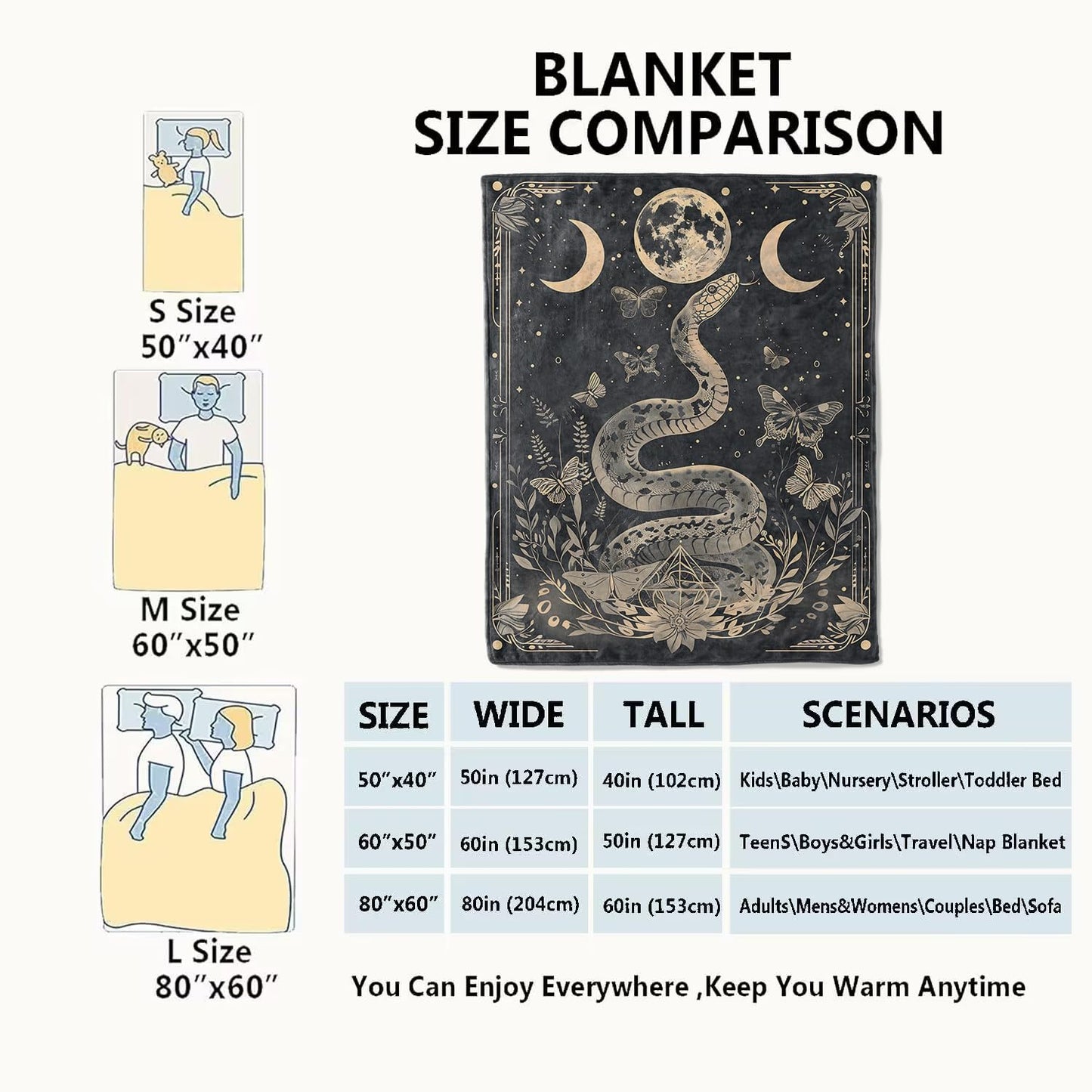 VODRM Mystic Snake Blanket Celestial Moon Throw Blankets,Birthday Gifts for Kids Adult,Lightweight Soft Fleece,with Astrology Butterfly,Sofa Couch Bed Room Horror Spiritual Decor 50x60in