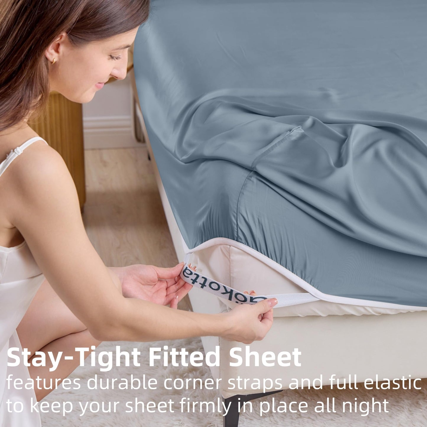 GOKOTTA Fitted Sheet King Only,100% Rayon Derived from Bamboo Fitted Sheet,Ultra Soft,Cooling and Breathable Bottom Sheet with 4 Elastic Corner Straps,No Slip,No Pilling,16" Deep Pocket-Blue