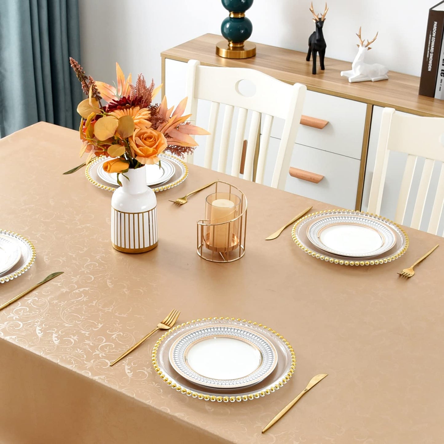Romanstile Rectangle Vinyl Tablecloth,100% Waterproof Heavy Duty Oil Spill Proof Stain Resistant Plastic PU Table Cover with Flannel Backing for Kitchen, Dining (Flower Champagne, 52 x 70)